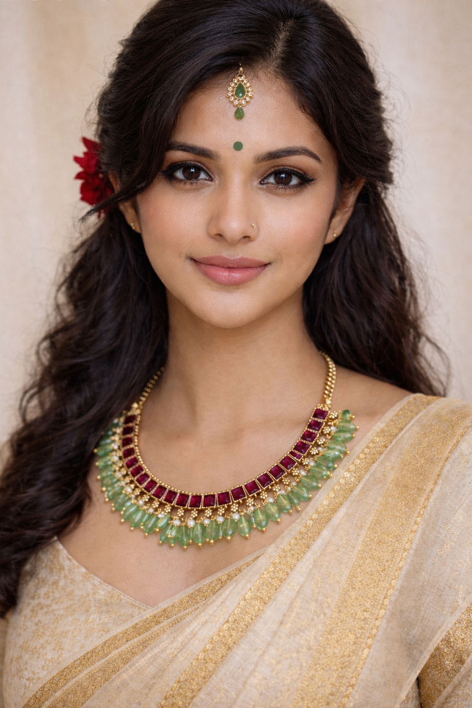 Ruby Kundan Green Drop Necklace