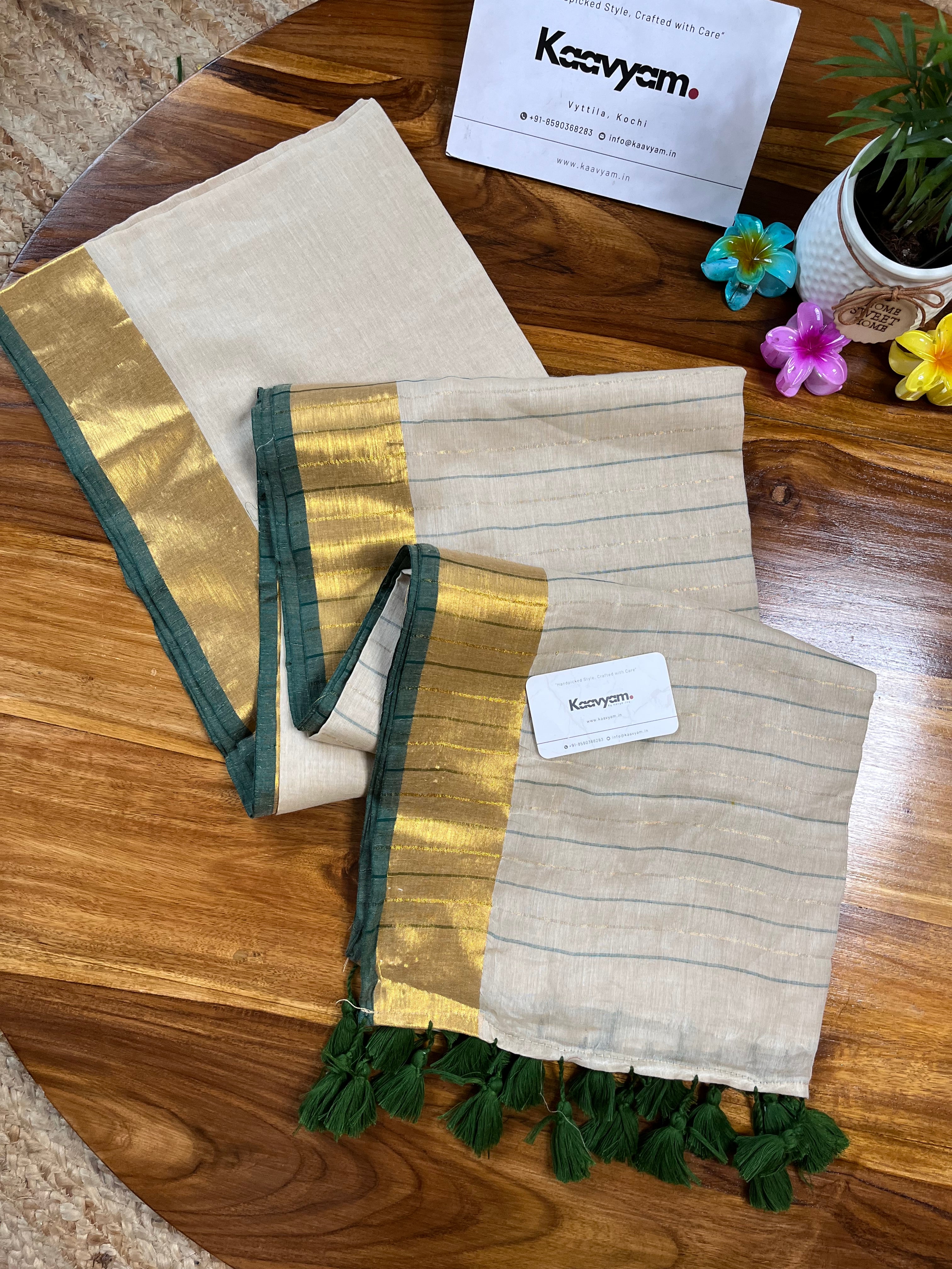 Kerala Kasav & Kara with Stripe Pallu Mul Cotton Saree