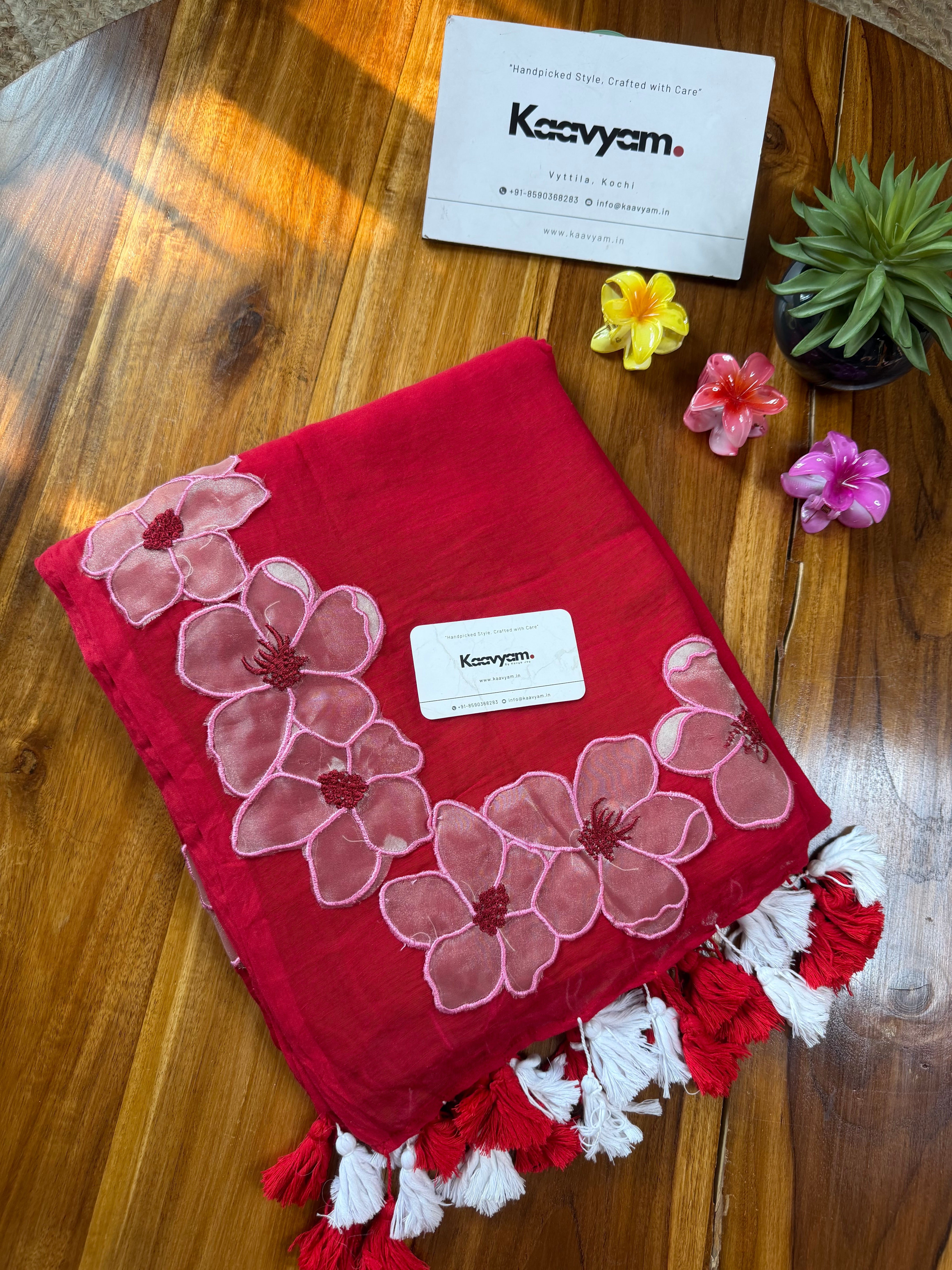 Rose Applique Mul Cotton Saree