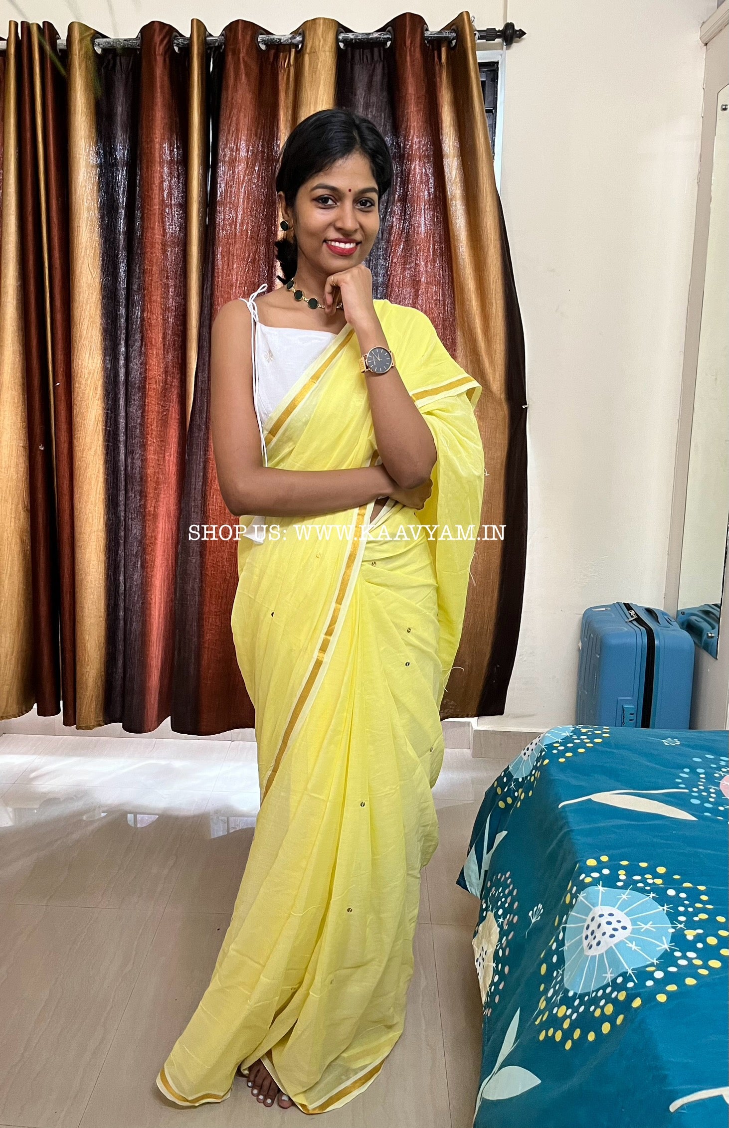 Goldy - Sequins Limeyellow Mul Cotton Saree