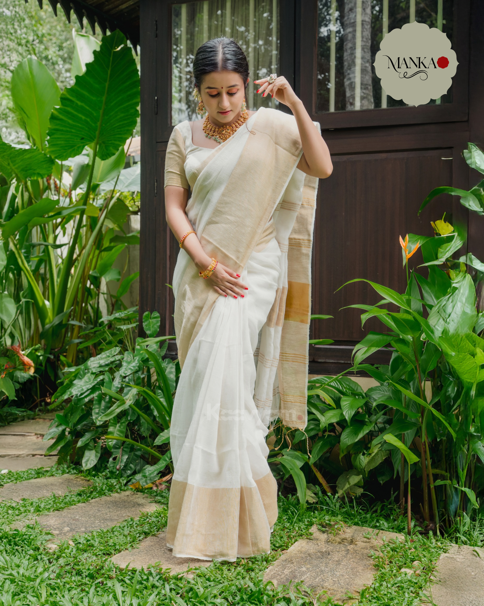 Broad Border Linen Saree - Manka