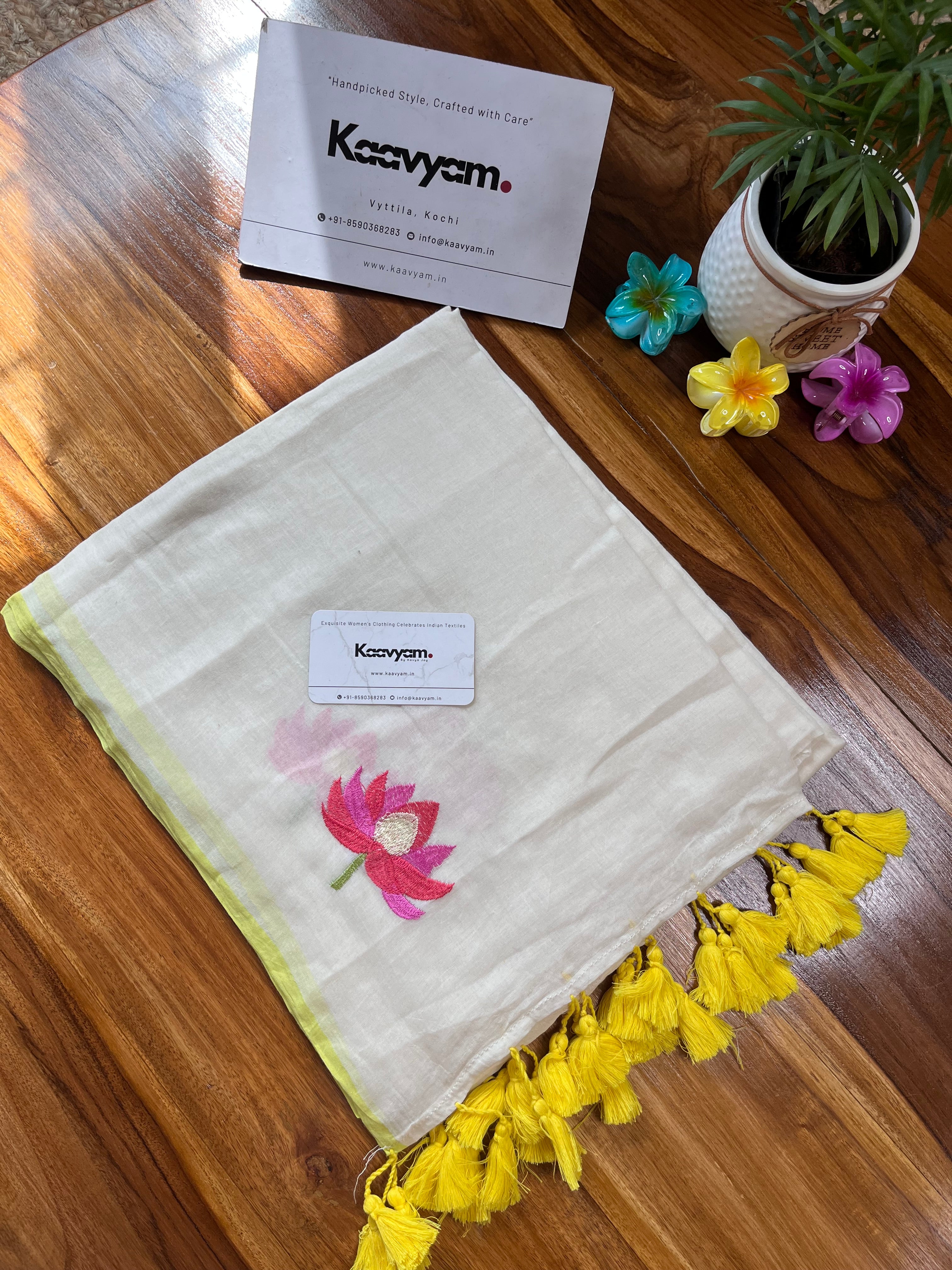 Lotus Embroidery Mul Cotton Saree - Manka