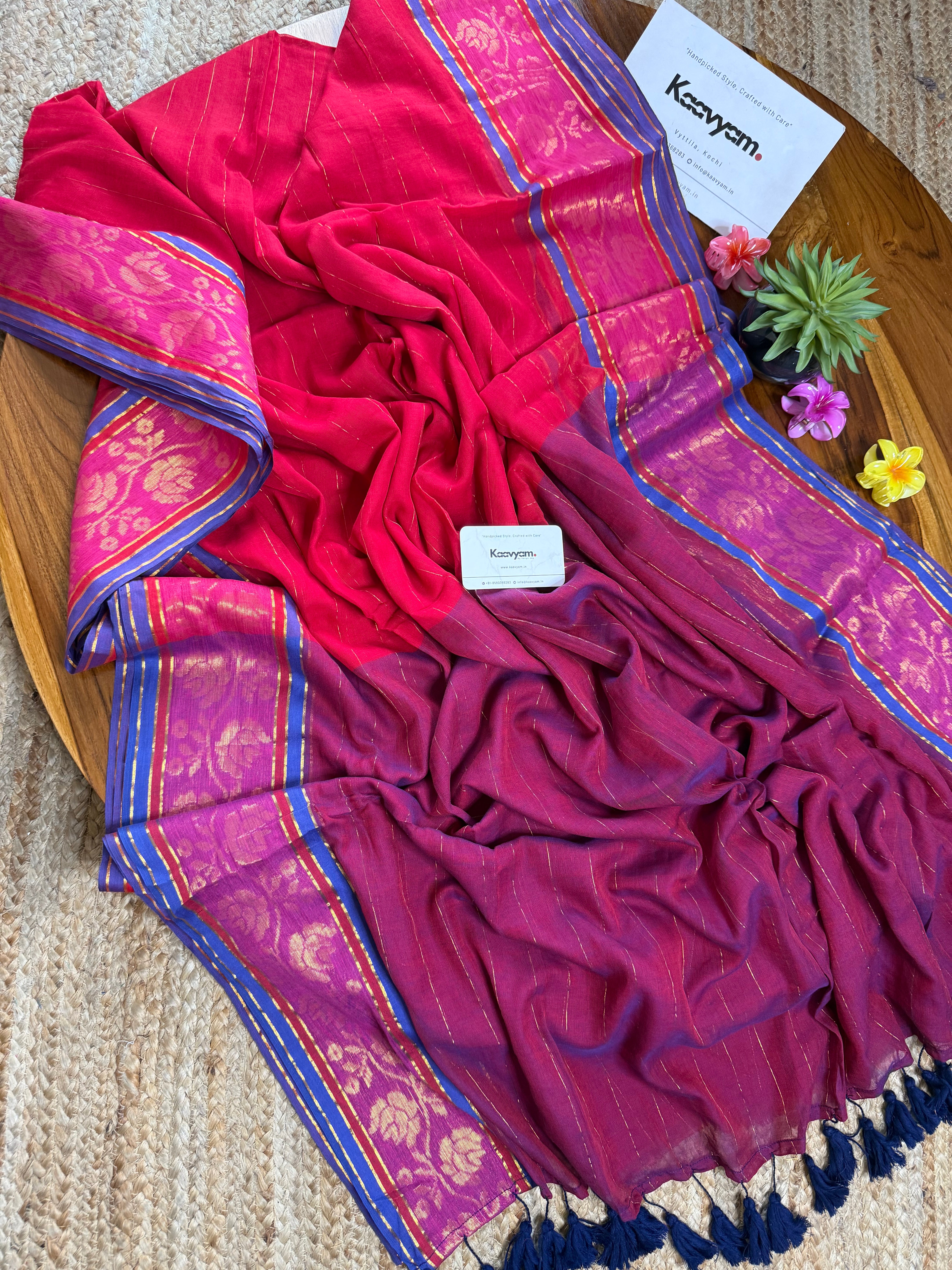 Stripes & Contrast Motif Border Mul Cotton Saree