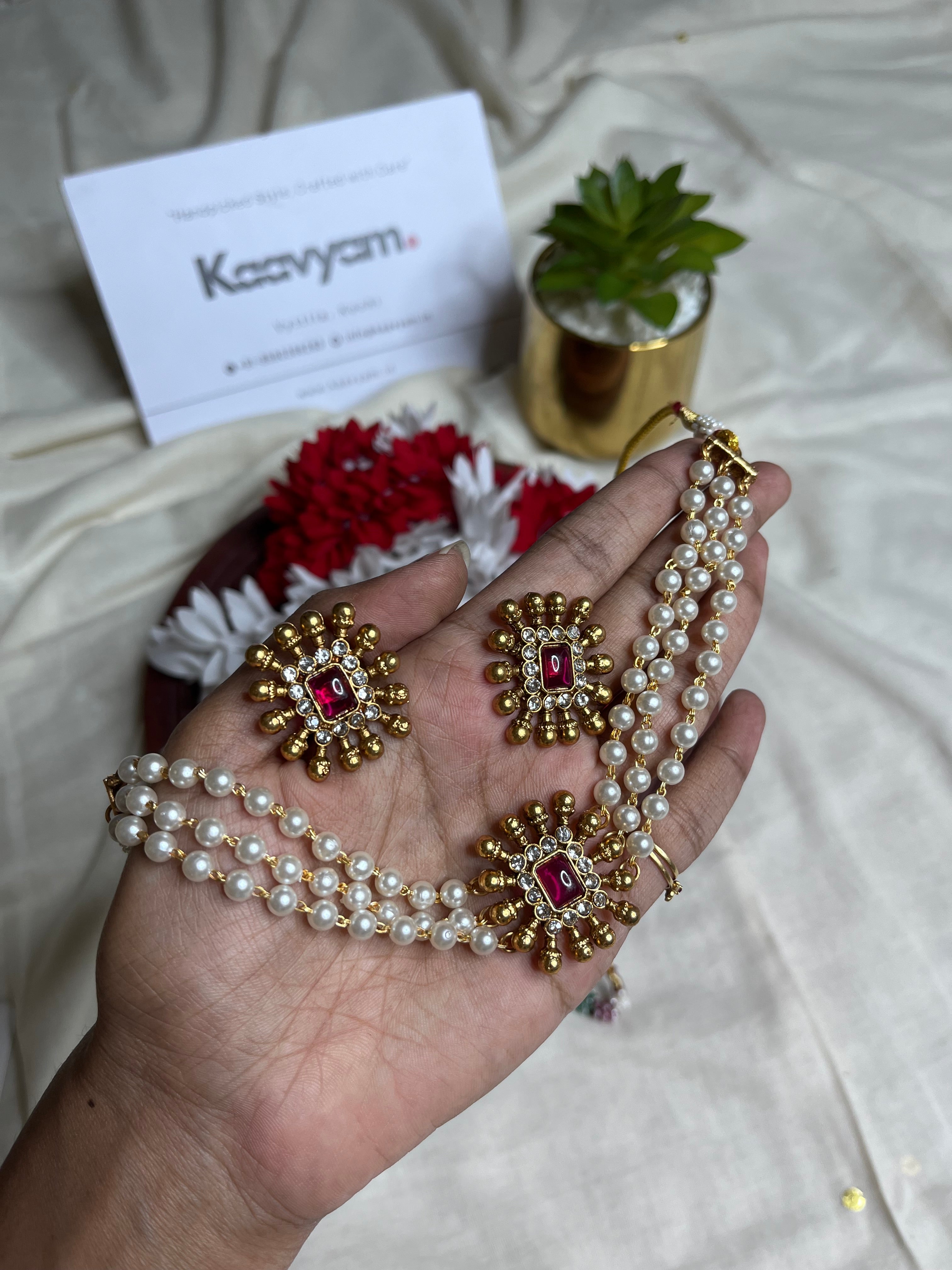 Pearl layer Square Choker & Earrings