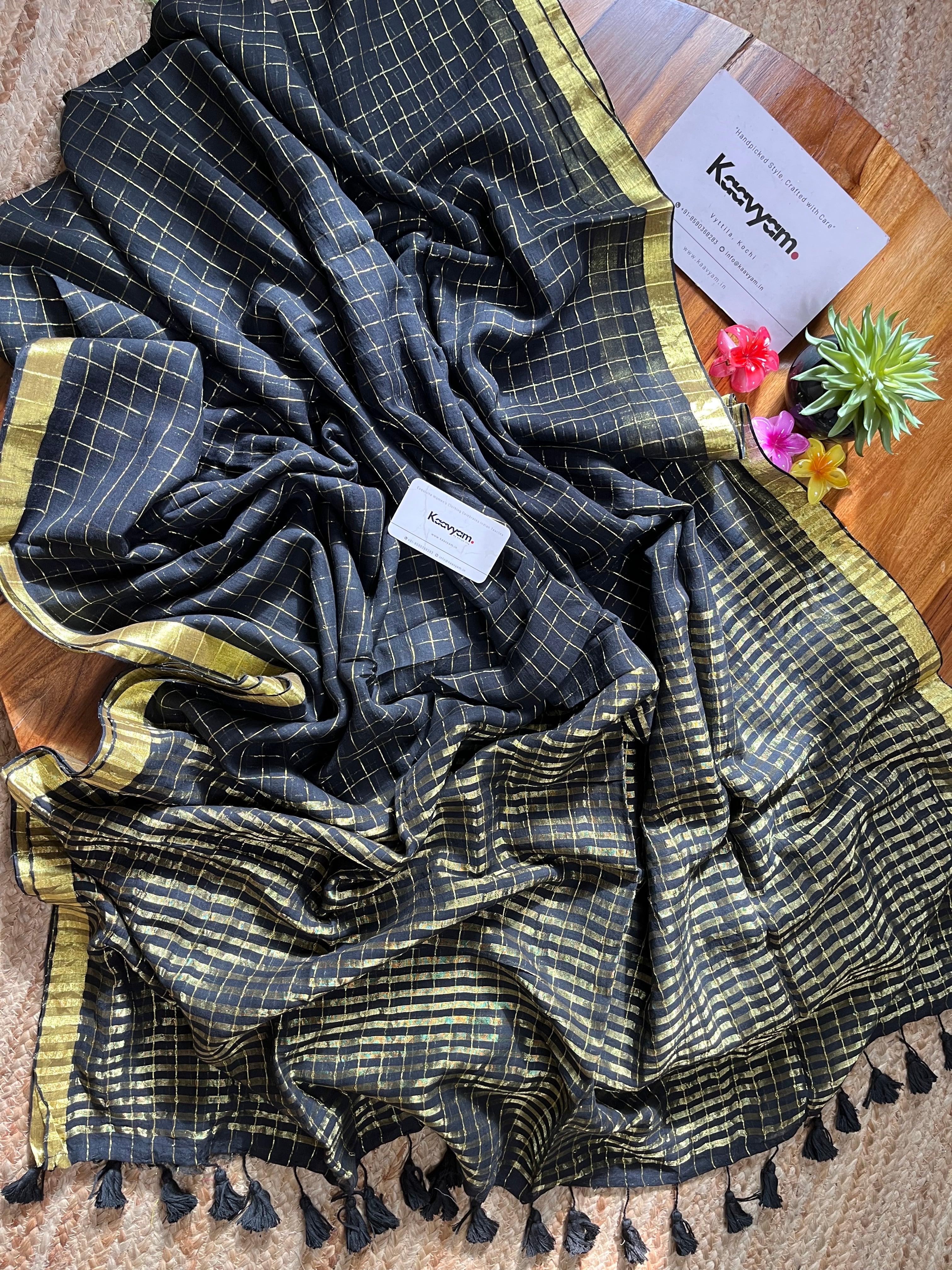 Gold Check Mul Cotton Saree