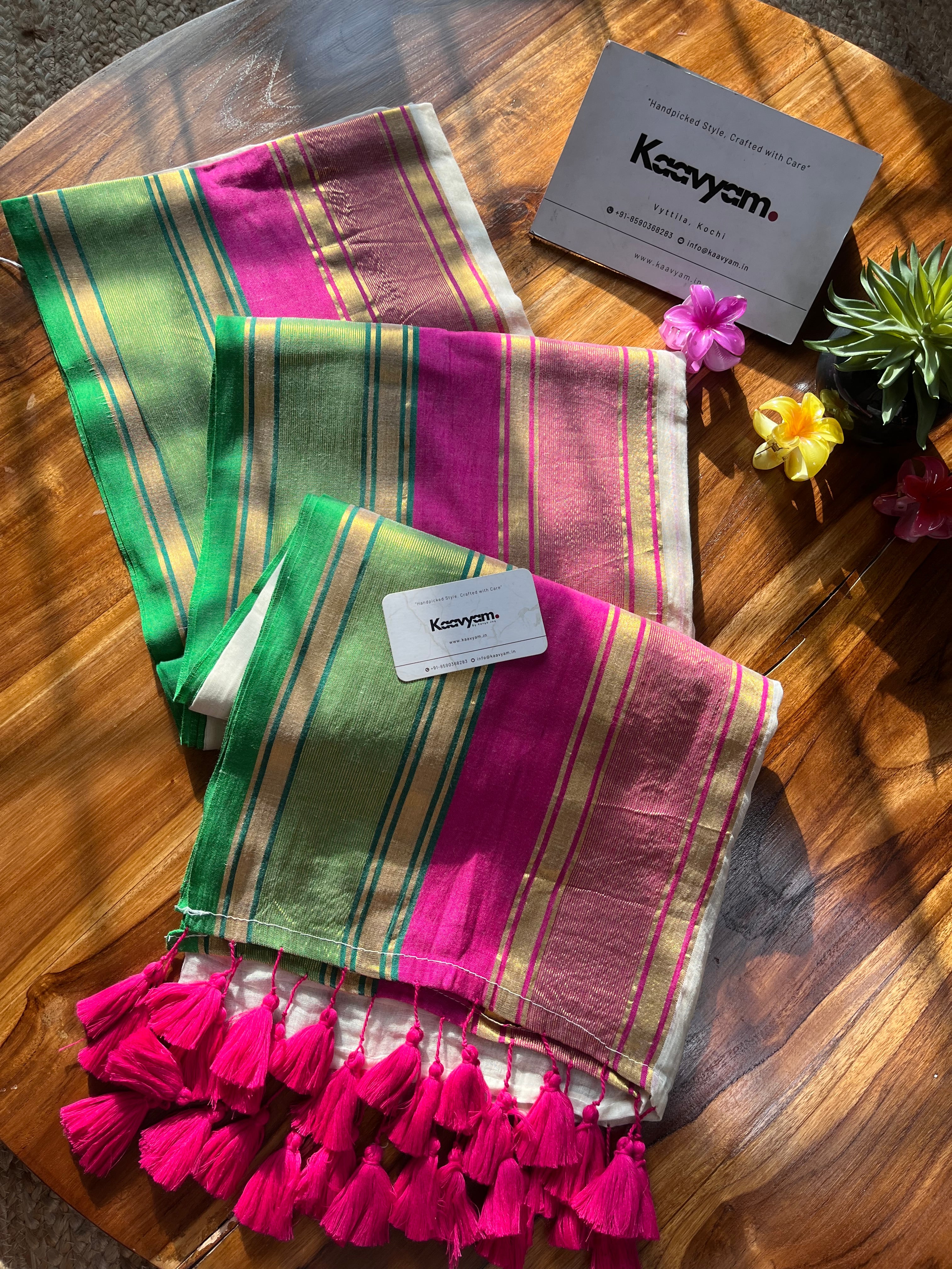 Tri Color Broad Border Mul Cotton Saree - Manka