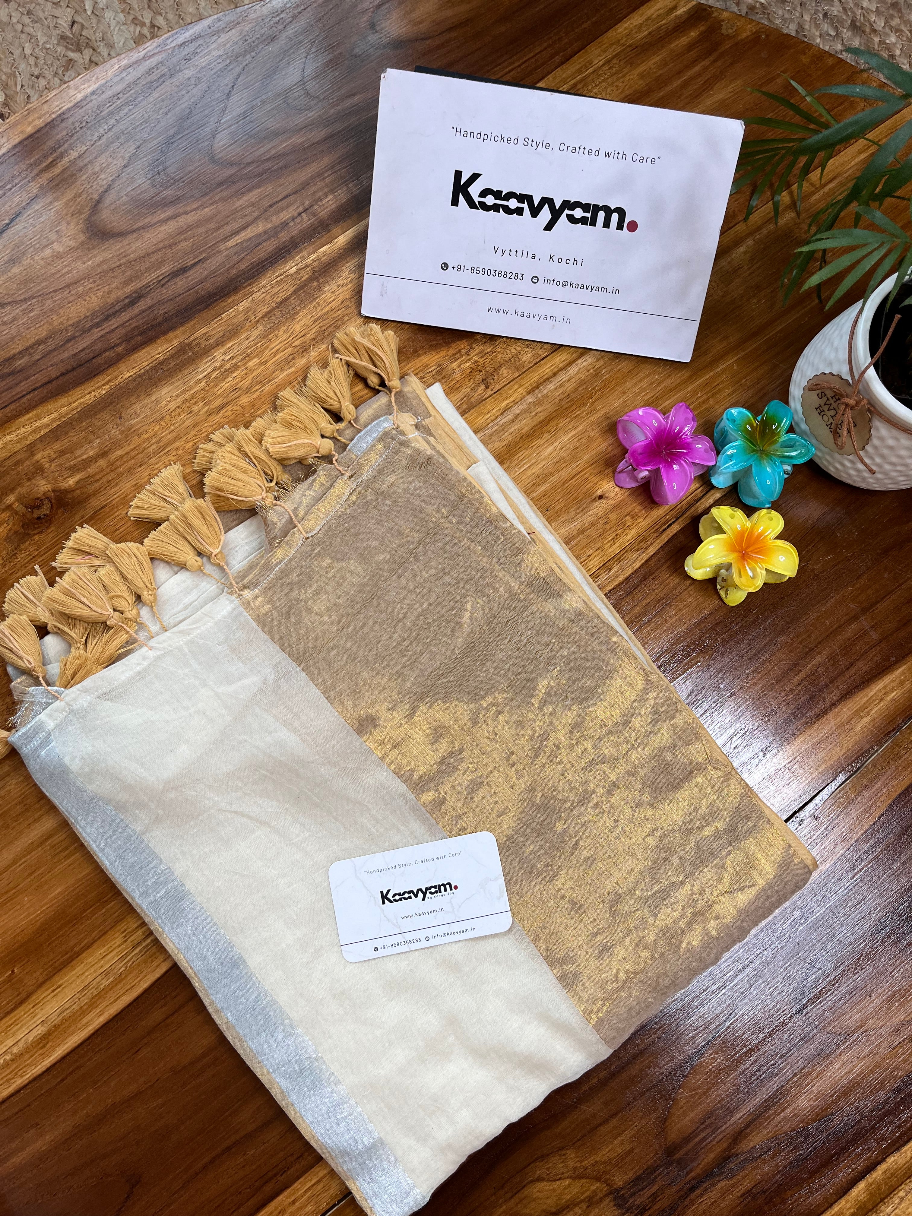 Broad Gold & Silver Kasav Border Mul Cotton Saree
