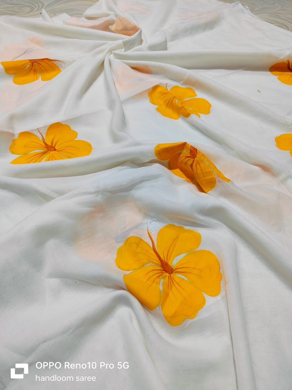 Hibiscus Flower Hand painted Mul cotton Saree
