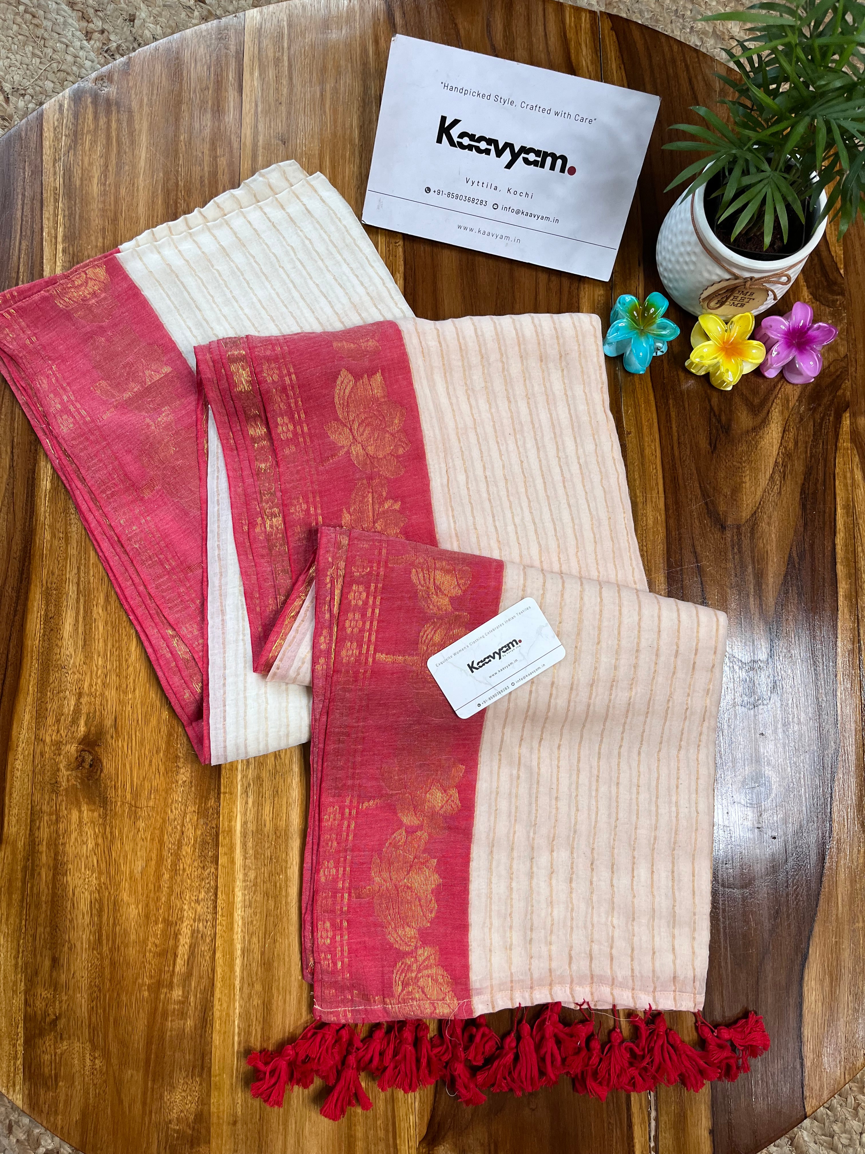 Stripe Mul Cotton Floral Motif Saree - Manka