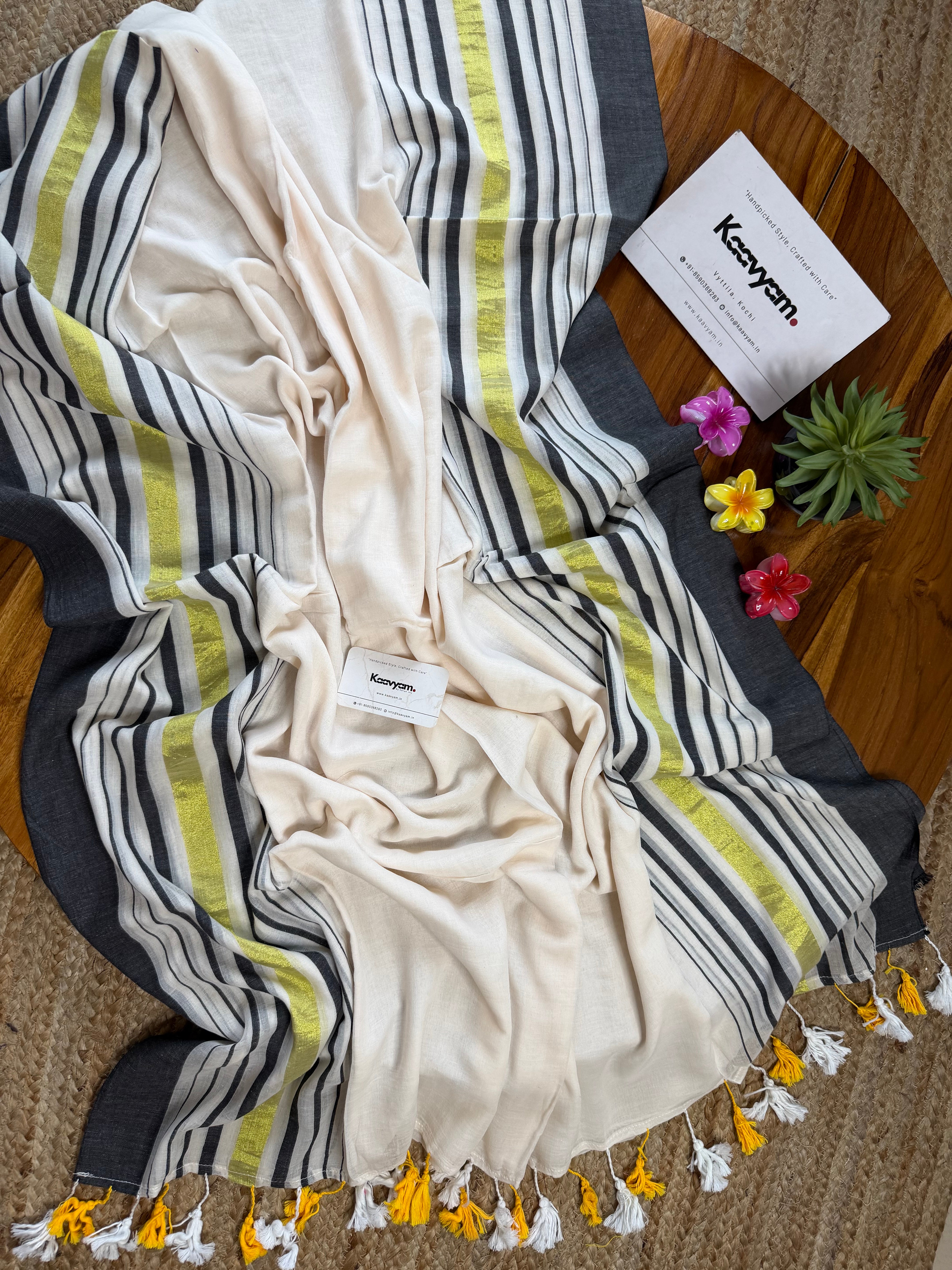 Multi Kara & Kasav Stripe Mul Cotton Saree