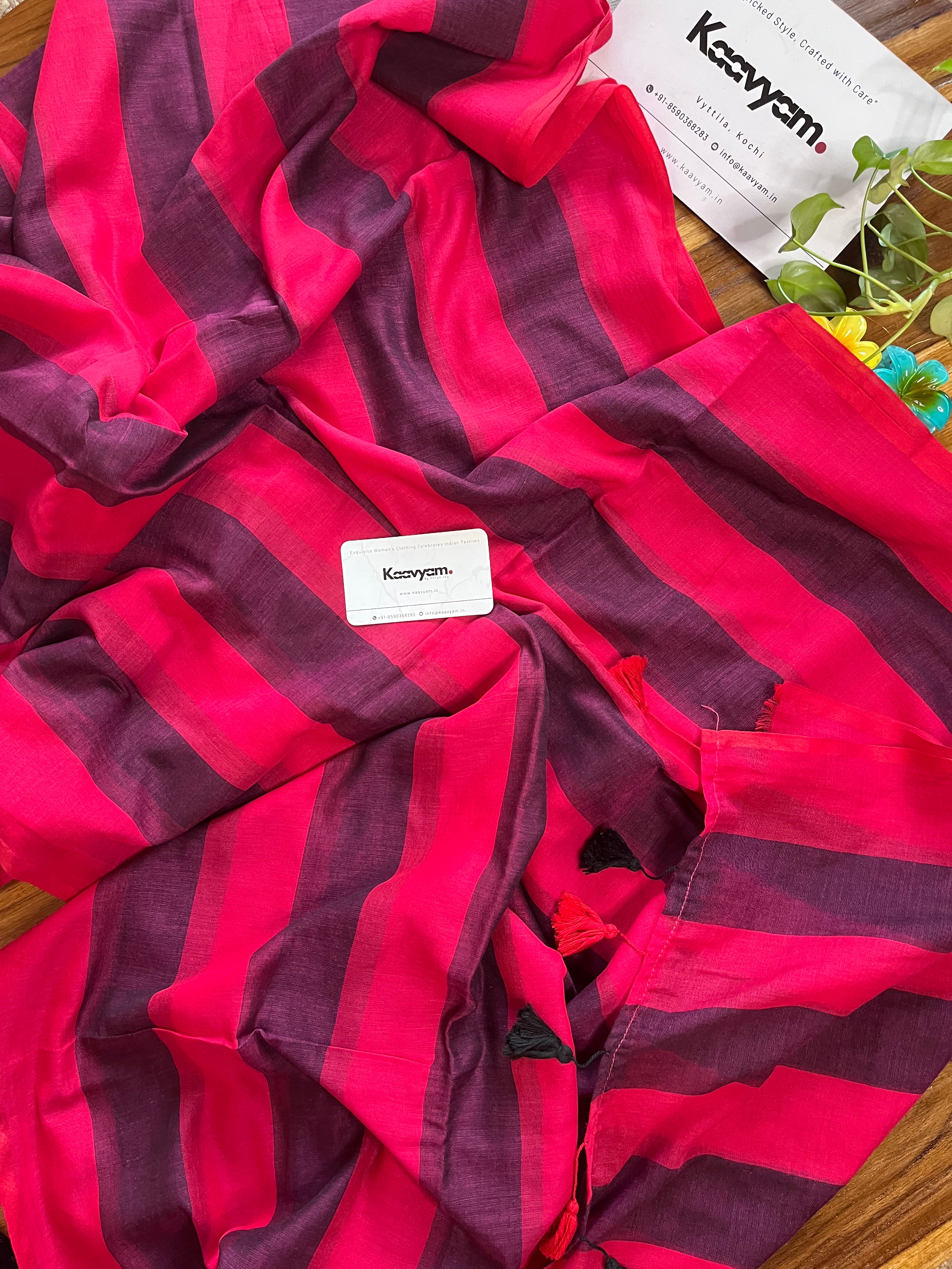 Deep Red Stripes Mul Cotton Saree