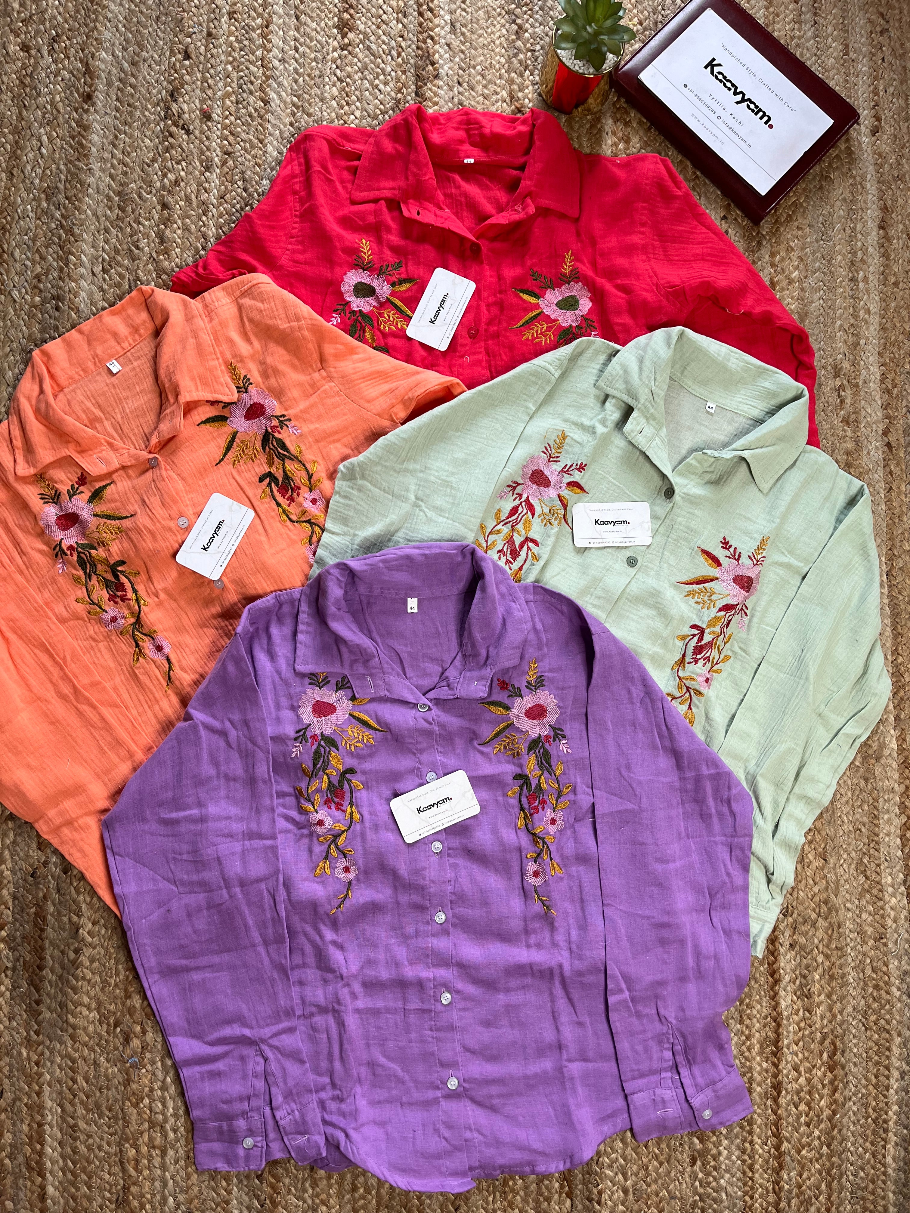 Floral Branch Embroidery Mul Cotton Shirt