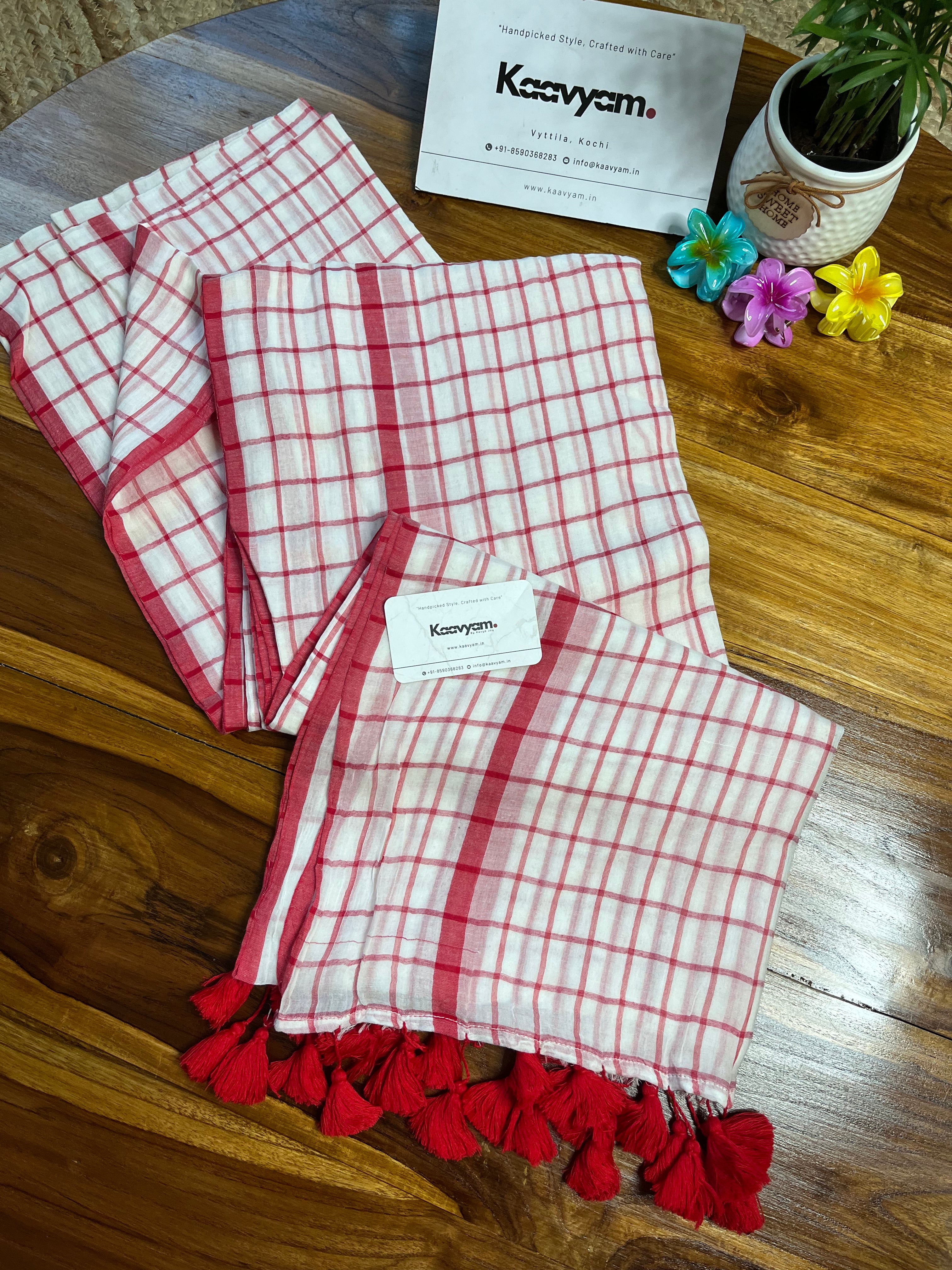 White & Red Check Mul Cotton Saree
