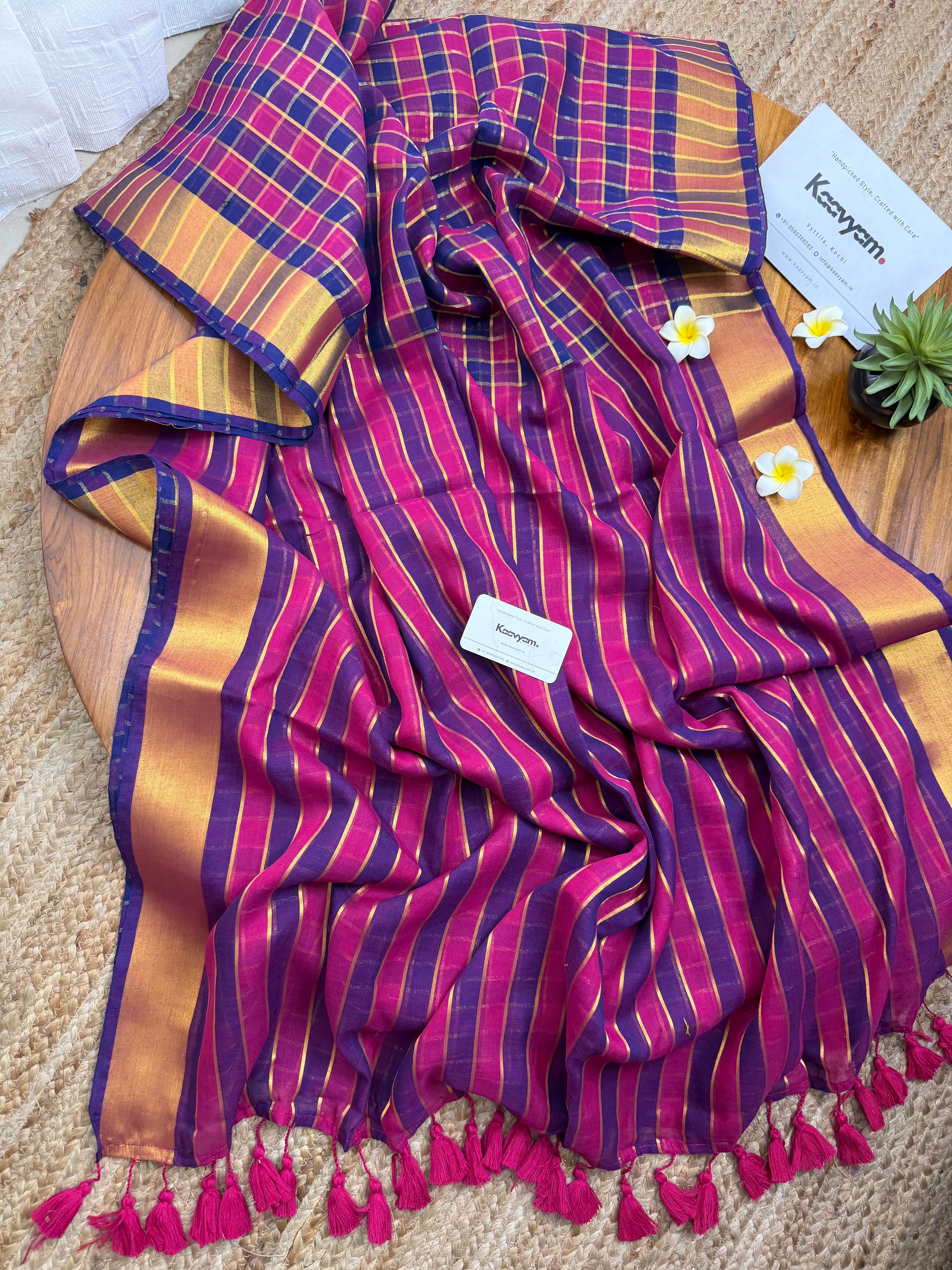 Check & Stripe Fusion Mul Cotton Saree