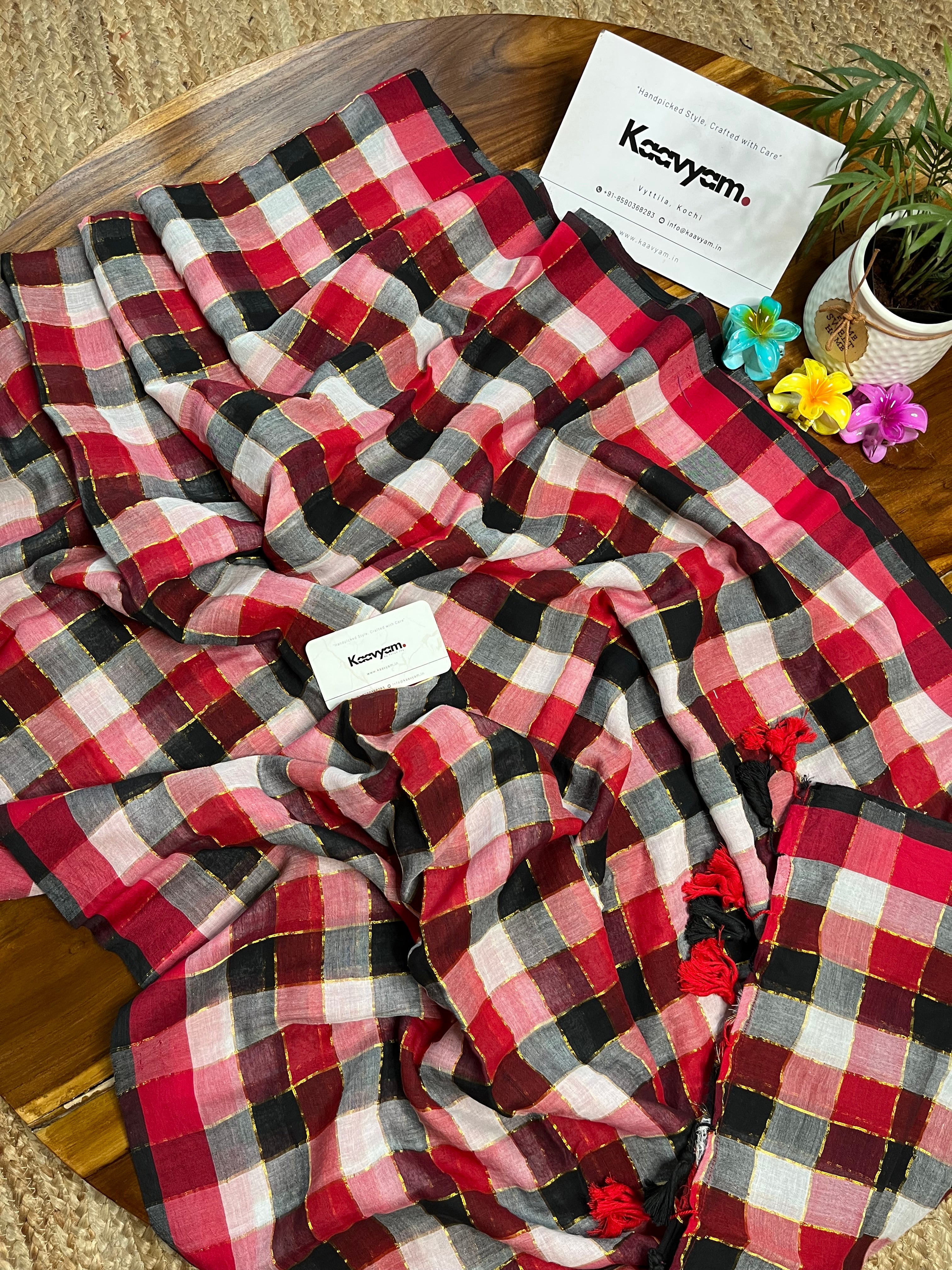 Multi Golden Check Mul Cotton Saree