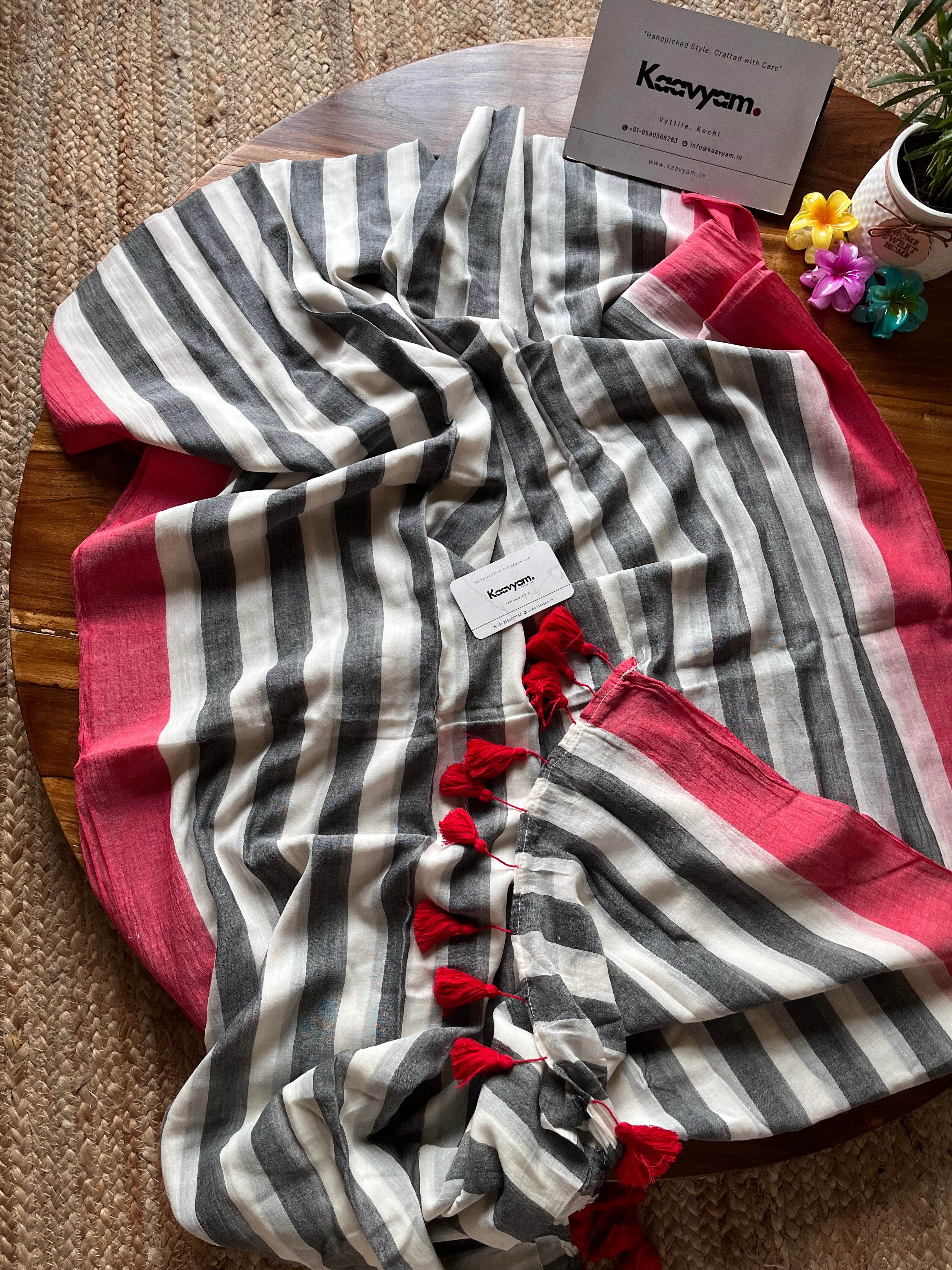 Black & White Stripes Mul Cotton Saree