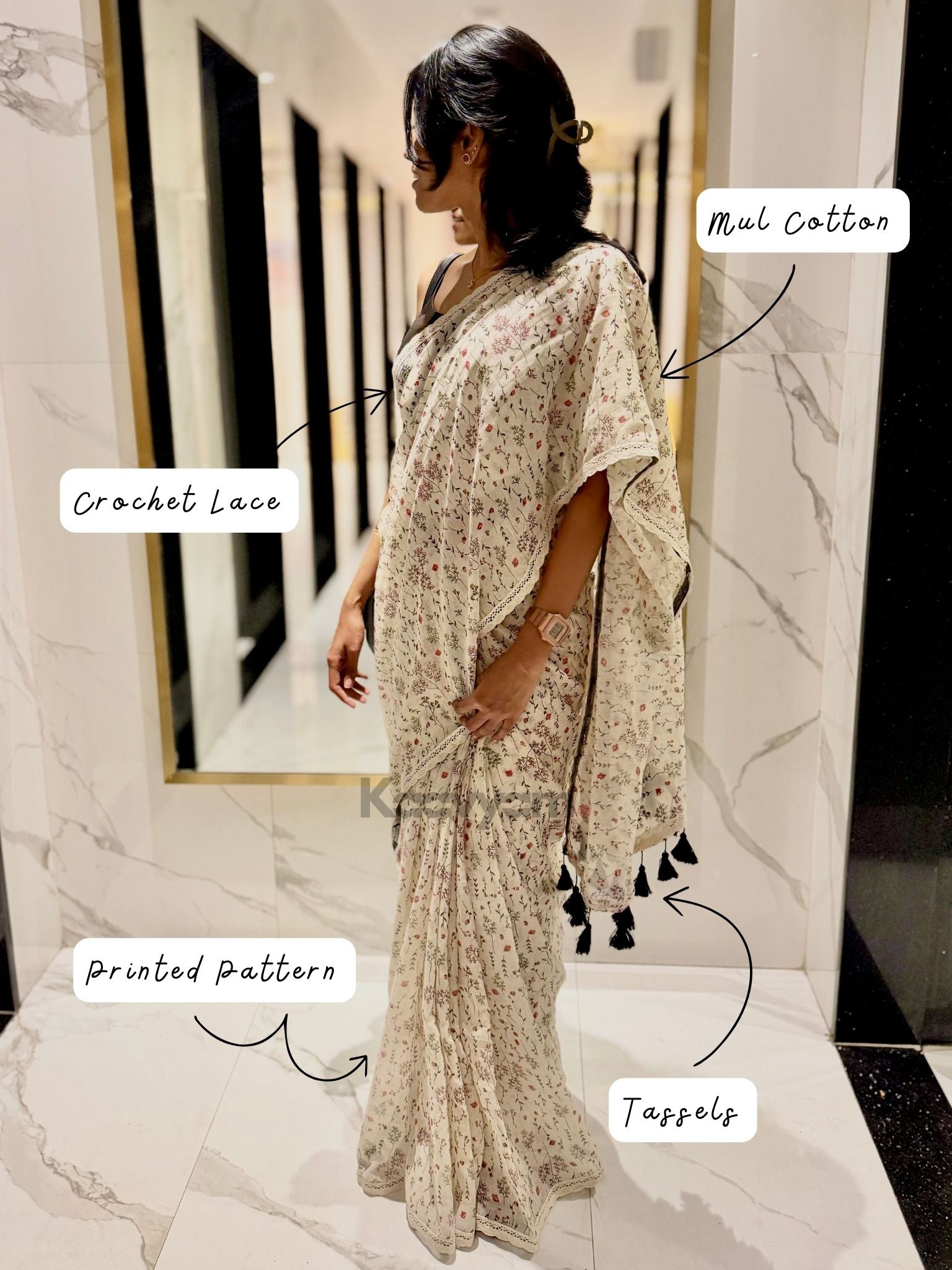 Plant Printed Lace Mul Cotton Saree