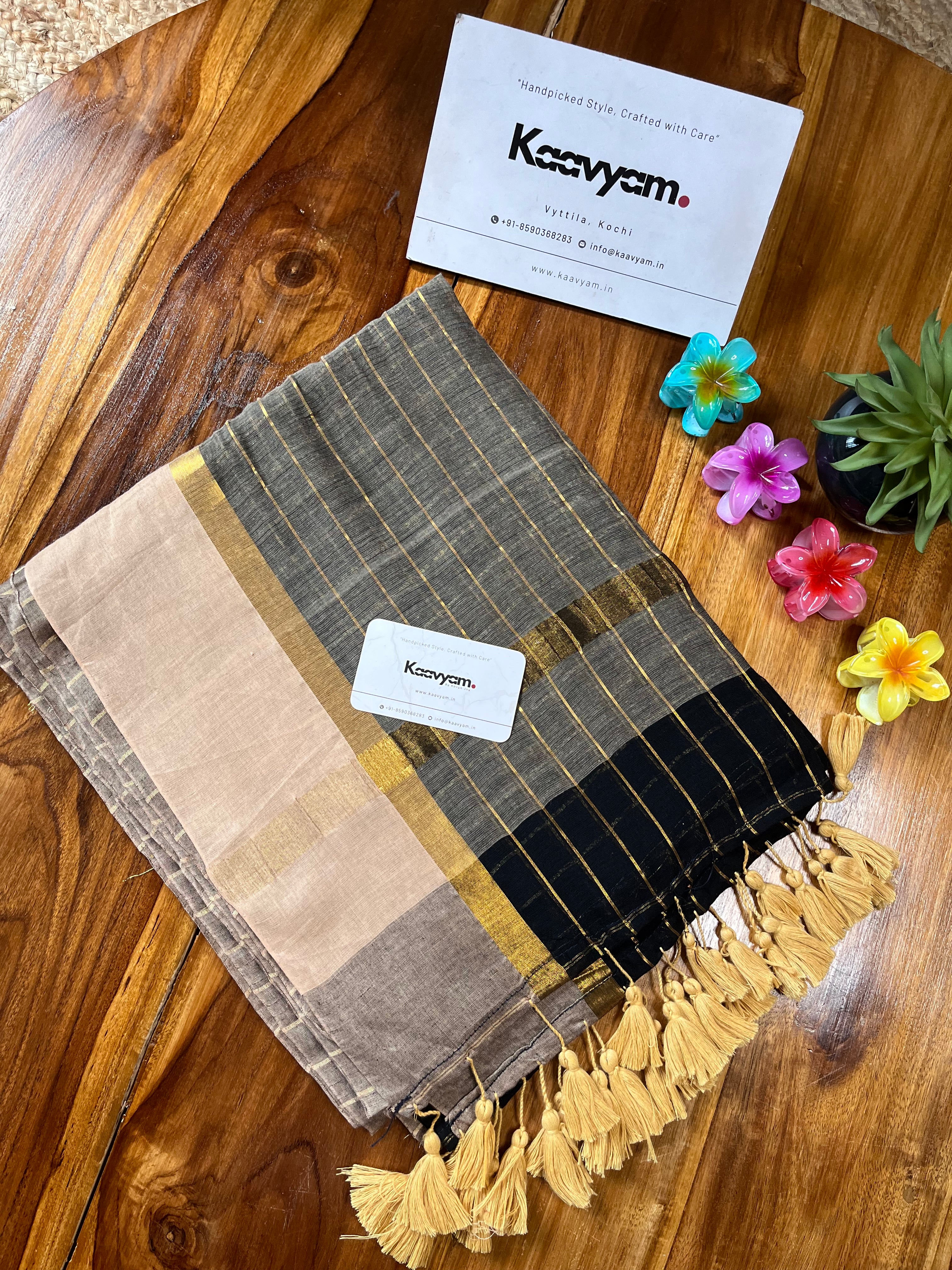 Brown Checks Mul Cotton Saree