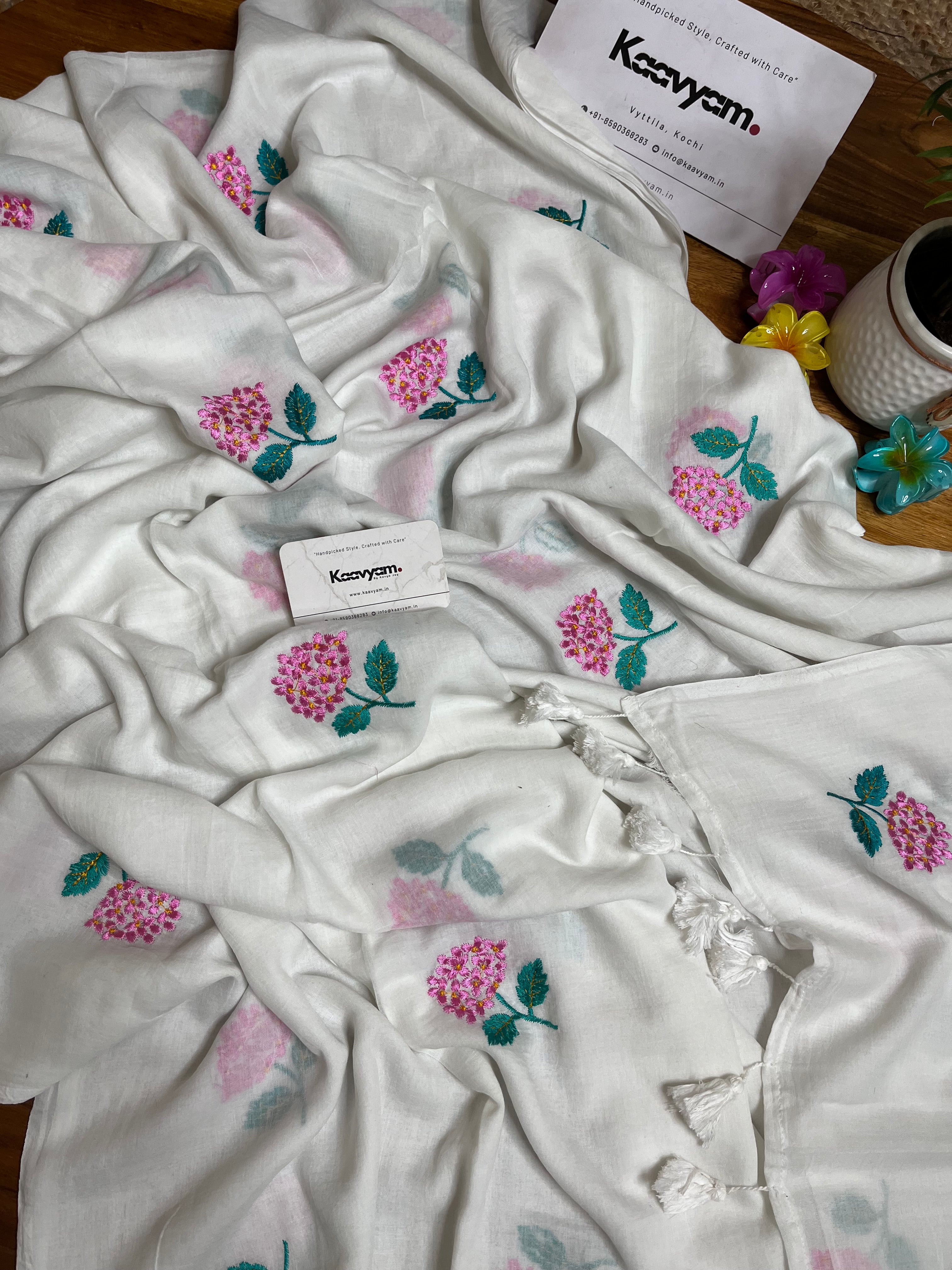 Flora Embroidery Mul Cotton Saree
