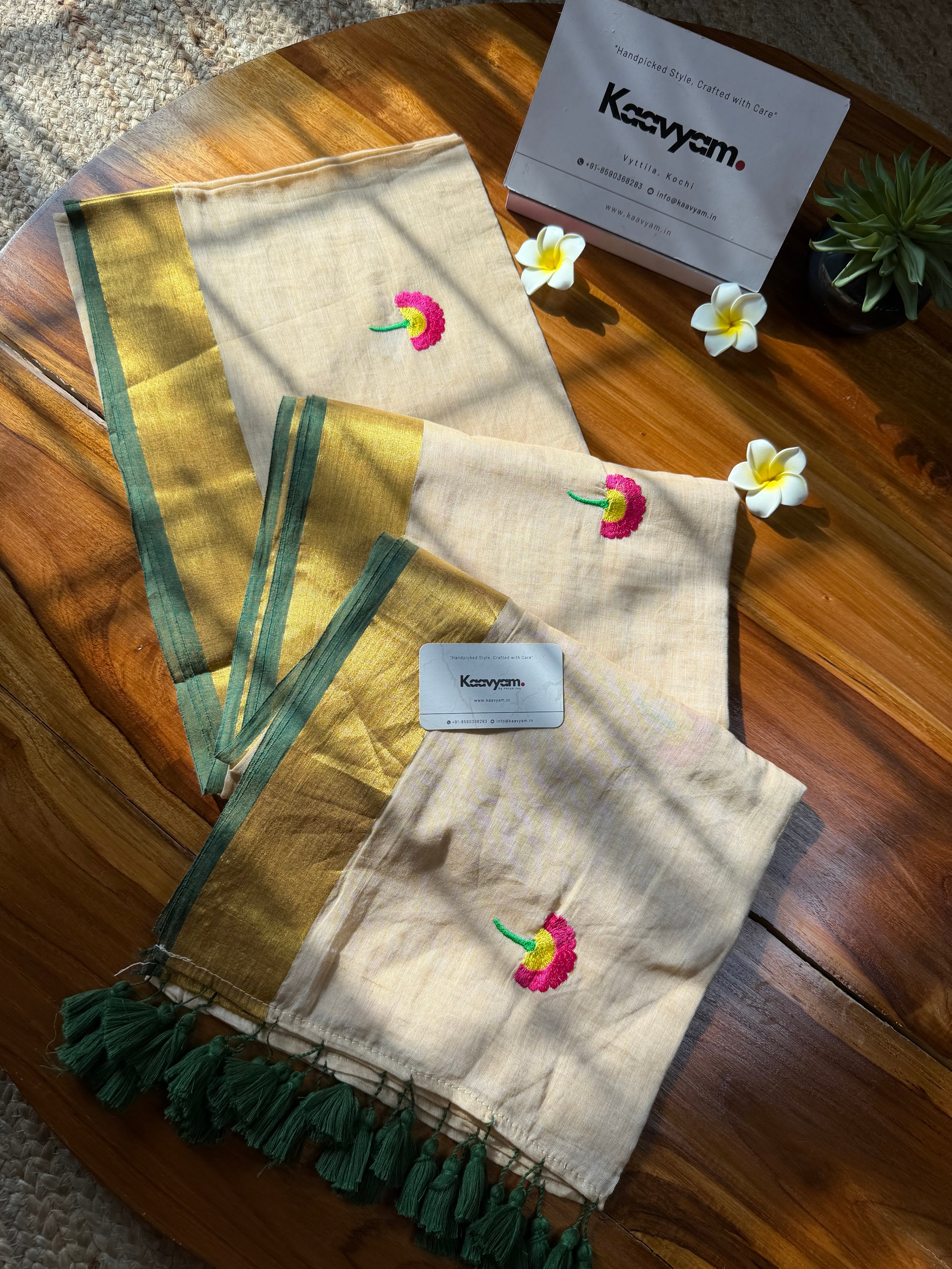 Marigold Embroidery Kerala Kasav & Kara Mul Cotton Saree