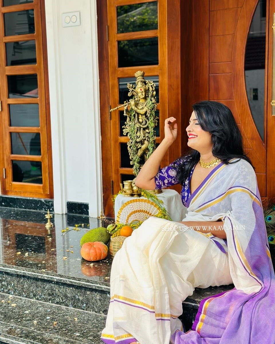 Blue Kara & Kasav Mul Cotton Saree