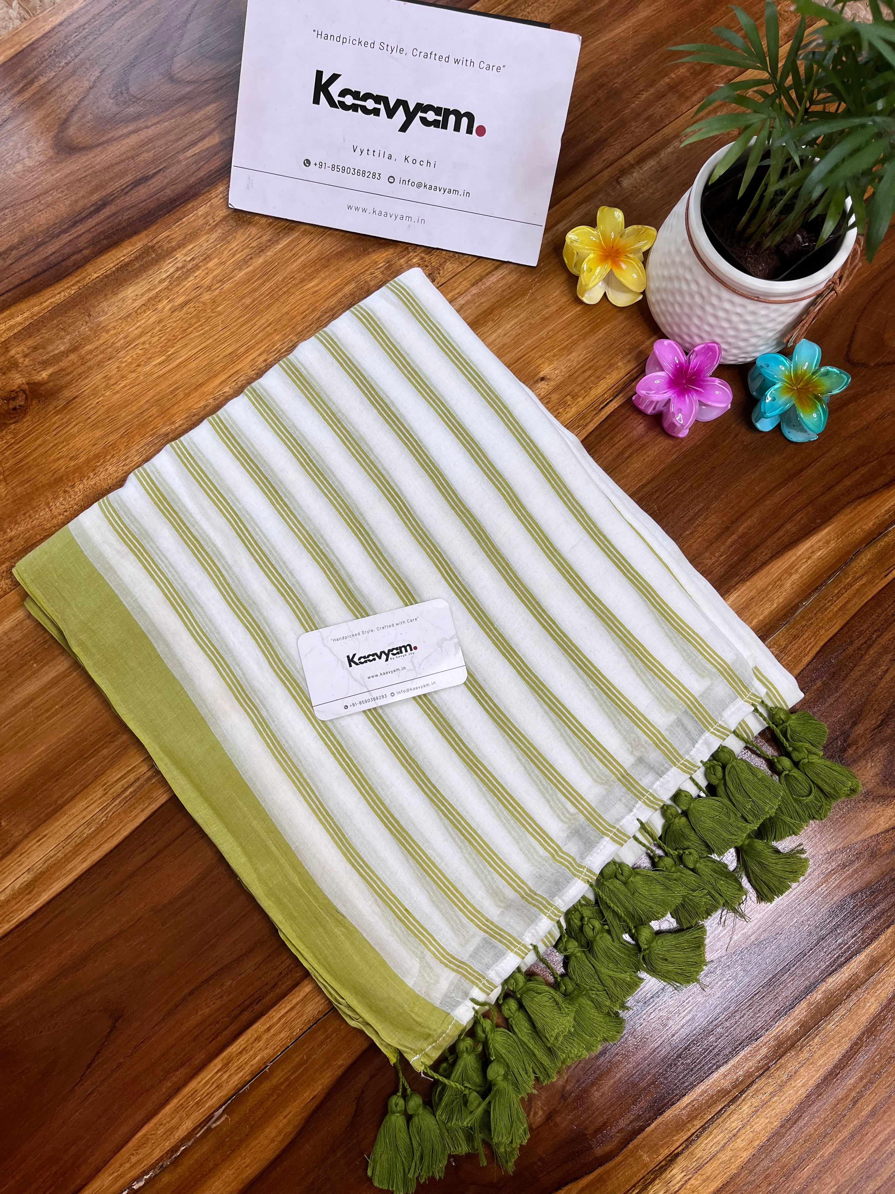 Green Stripes Mul Cotton Saree