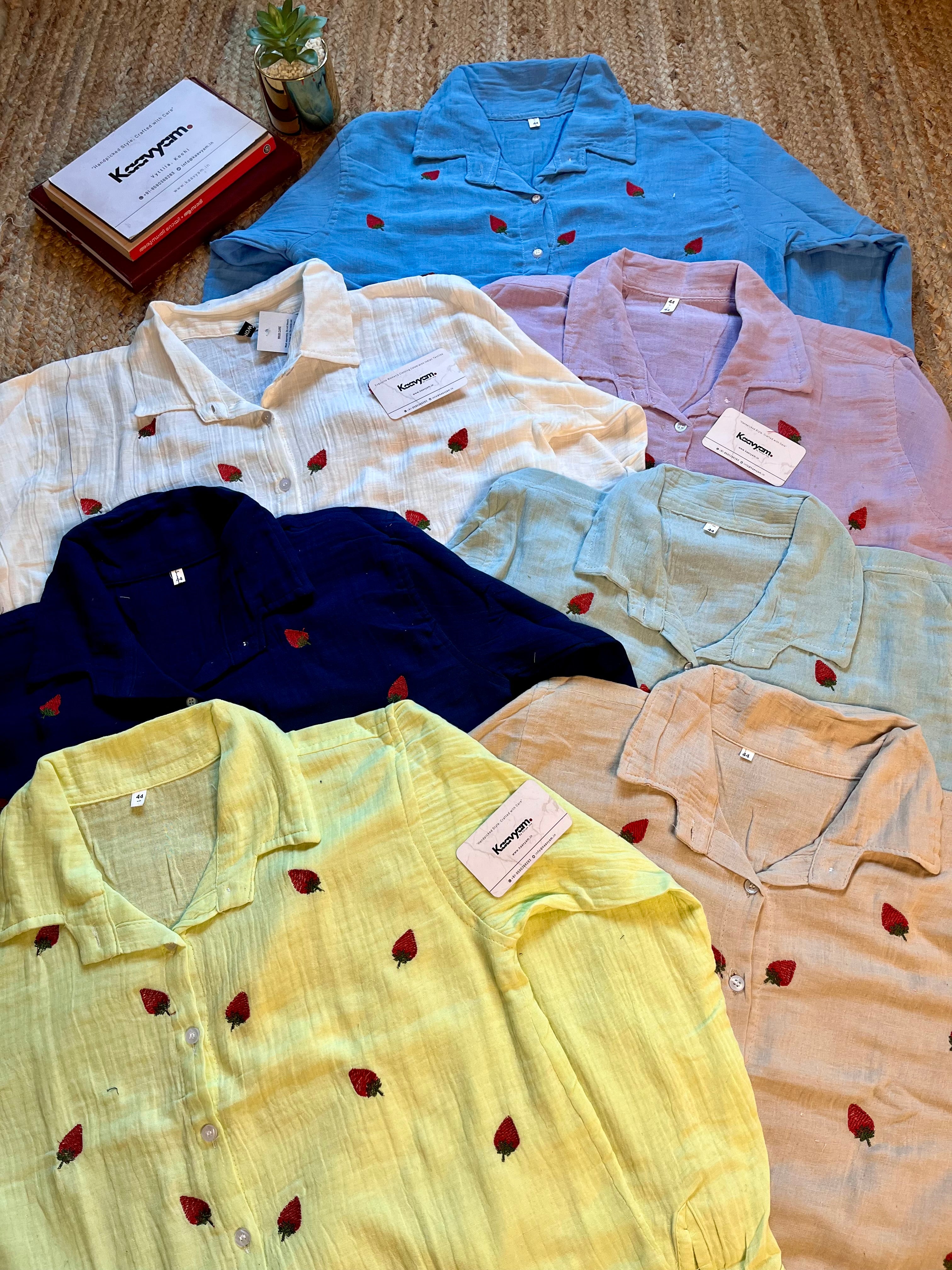 Strawberry Embroidery Mul Cotton Shirt