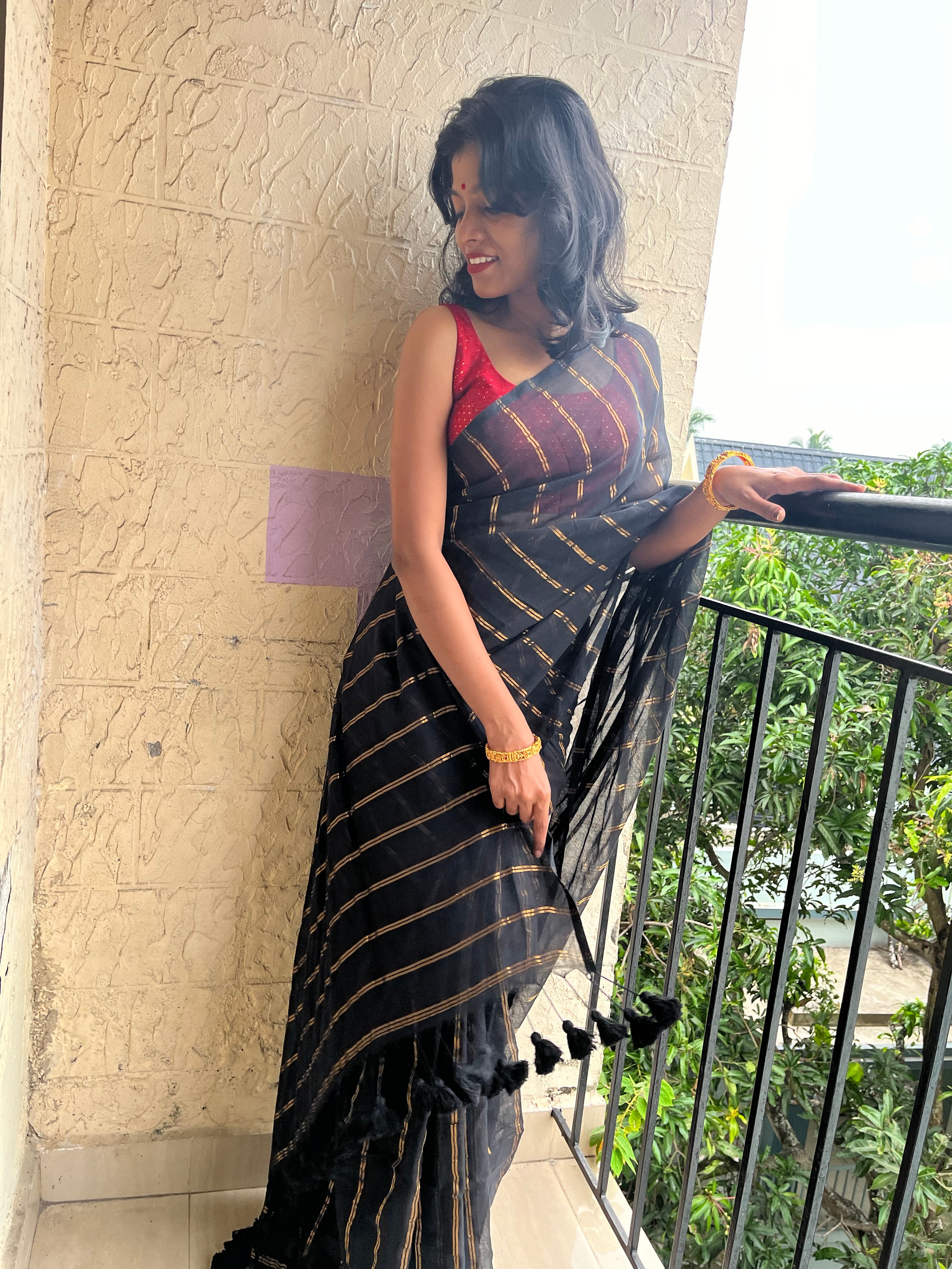 STRIPES- BLACK MUL MUL SAREE