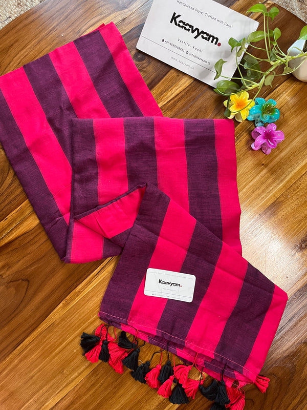 Deep Red Stripes Mul Cotton Saree