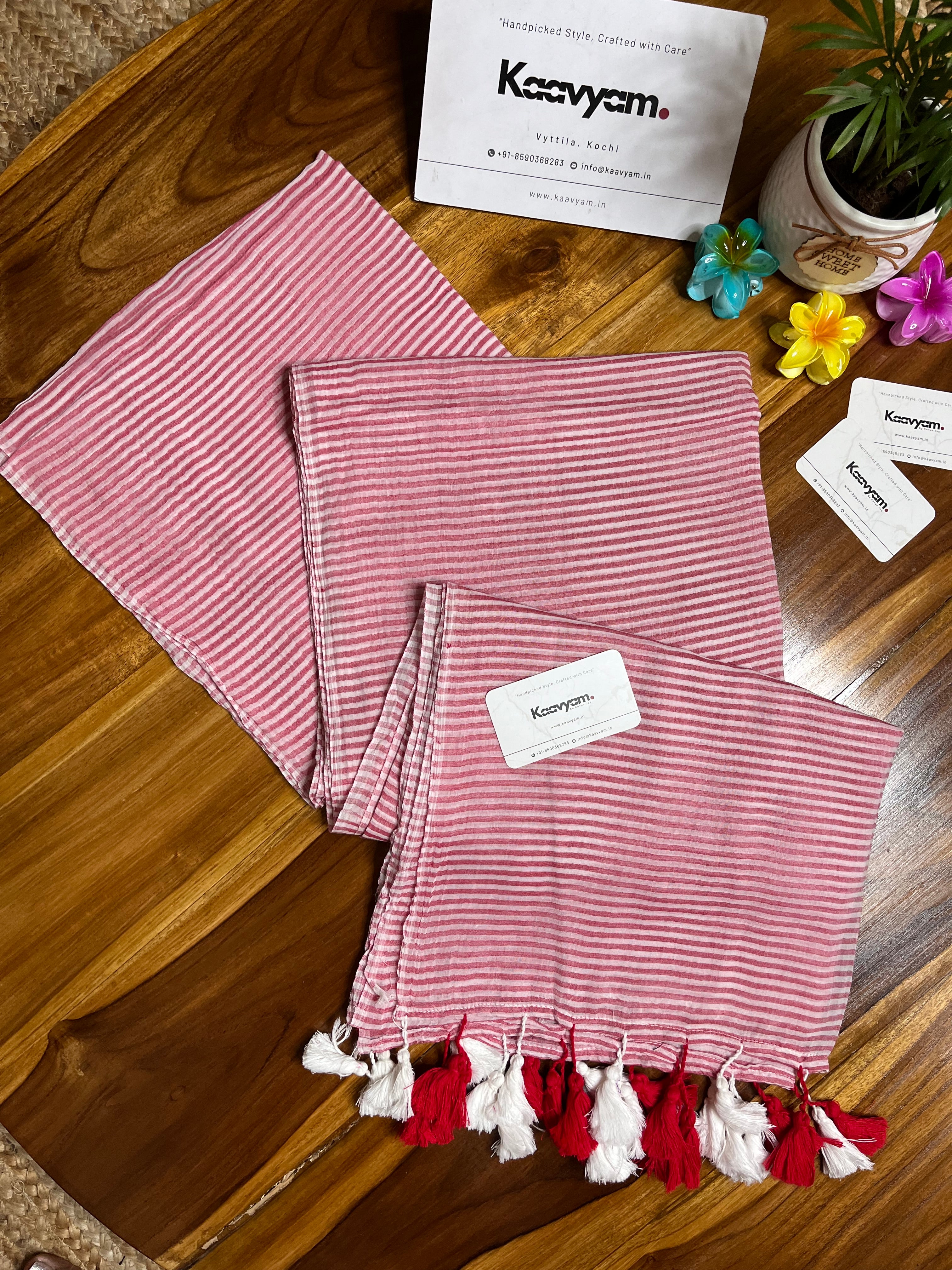 Red & White Stripes Mul Cotton Saree
