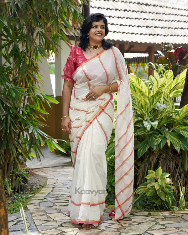 Kerala Stripes & Check Mul Cotton Saree - MANKA