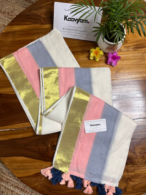 Pastel Tri Color Kasav Border Mul Cotton Saree
