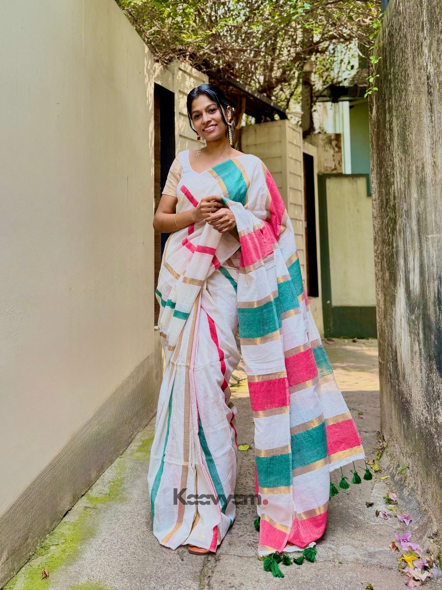 Copper Zari Stripe Mul Modal Saree - Manka