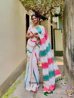 Copper Zari Stripe Mul Modal Saree - Manka
