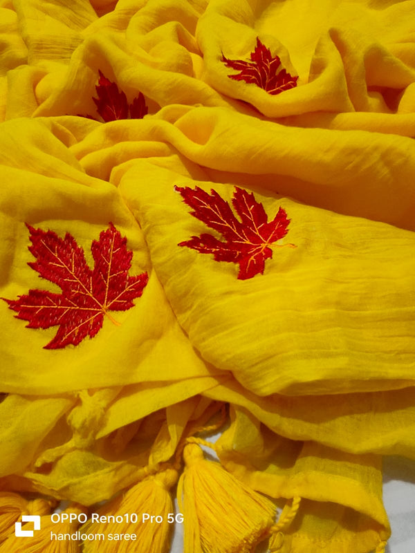 Maple Leaf Embroidery Mul Cotton Saree