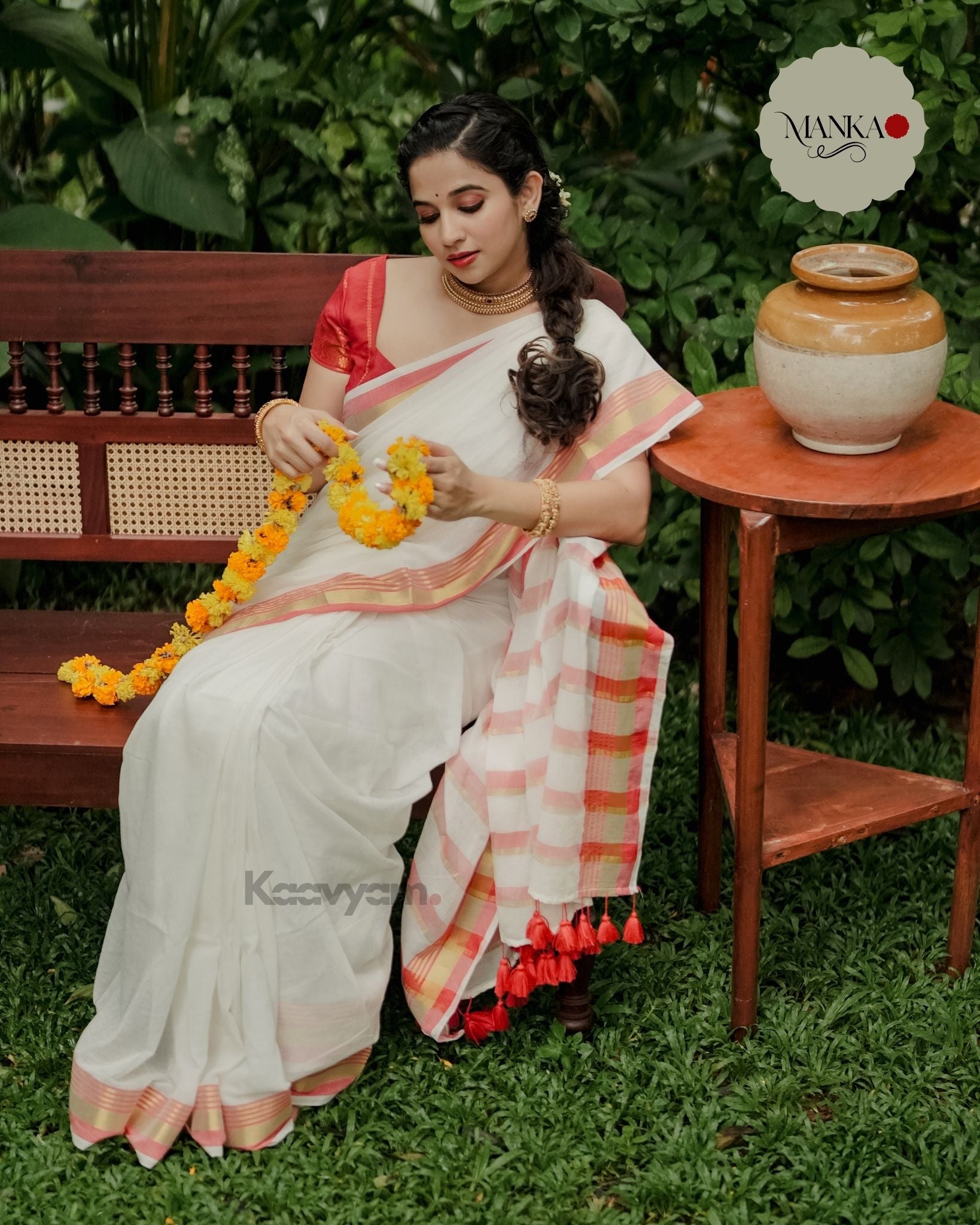 Red Kerala Kasav & Kara Mul Cotton Saree - MANKA