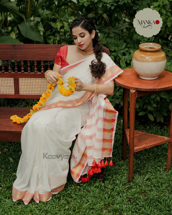 Red Kerala Kasav & Kara Mul Cotton Saree - MANKA
