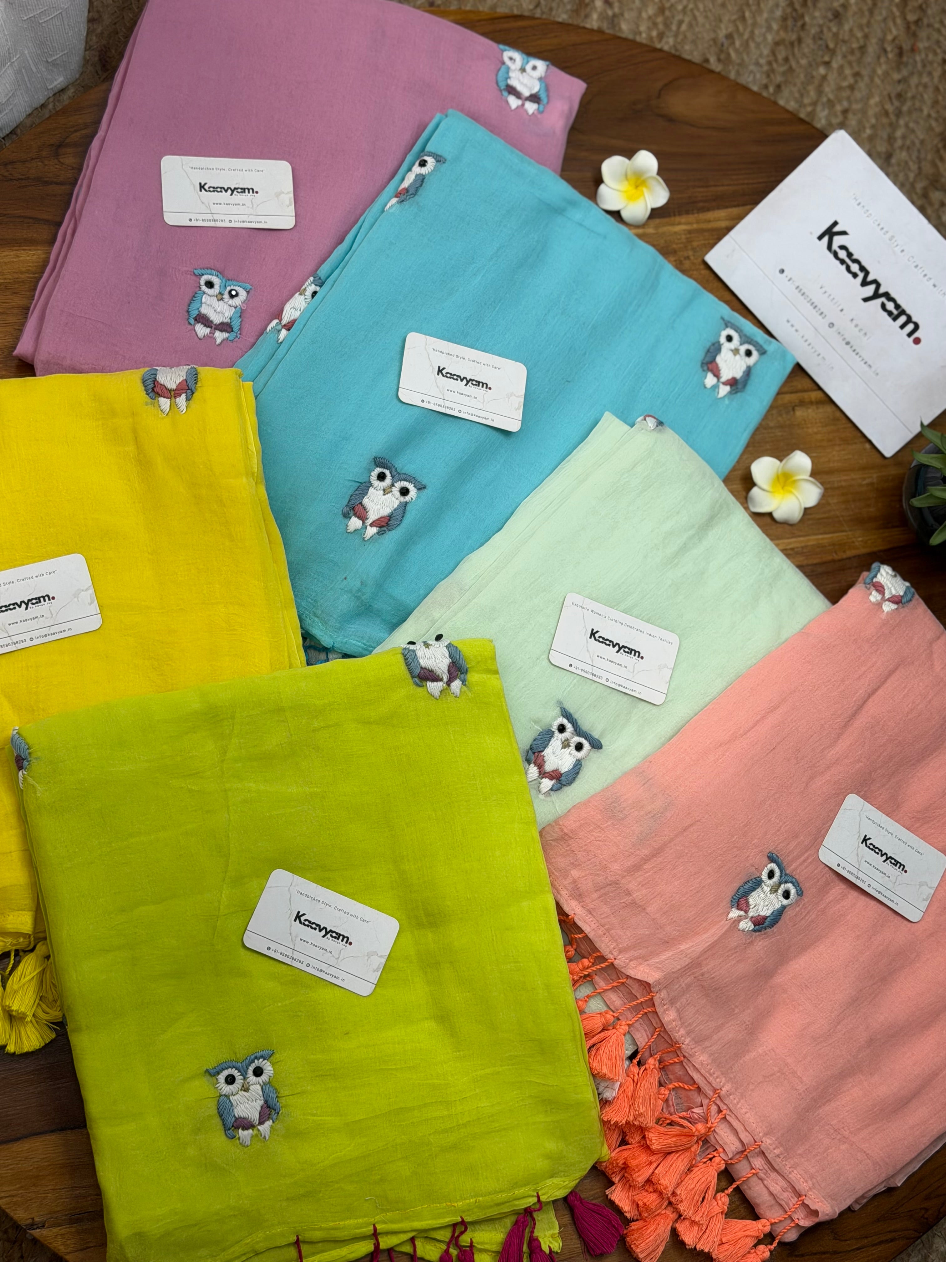 Owl Embroidery Mul Cotton Saree