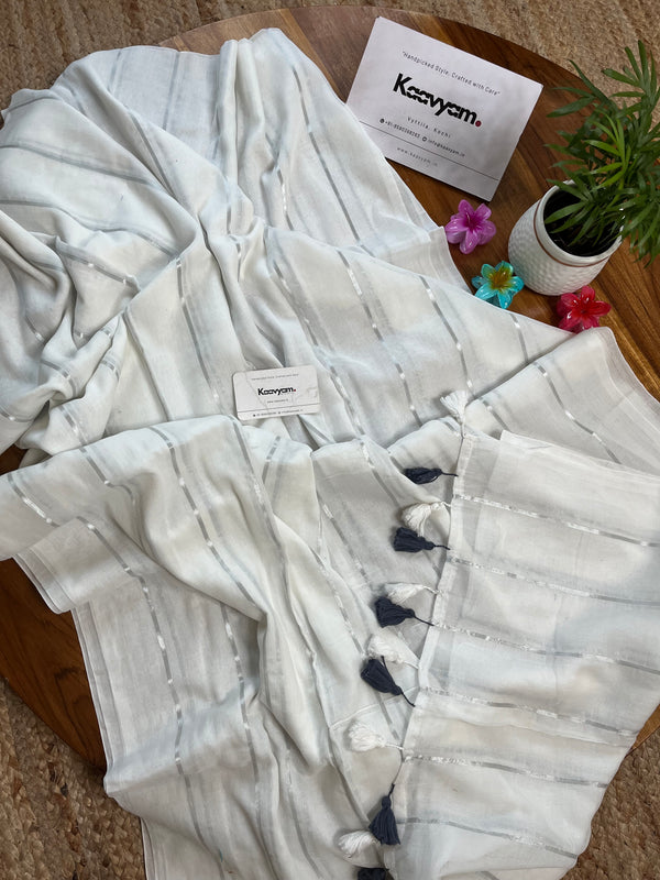 Silver Stripe Mul Cotton Saree - Manka