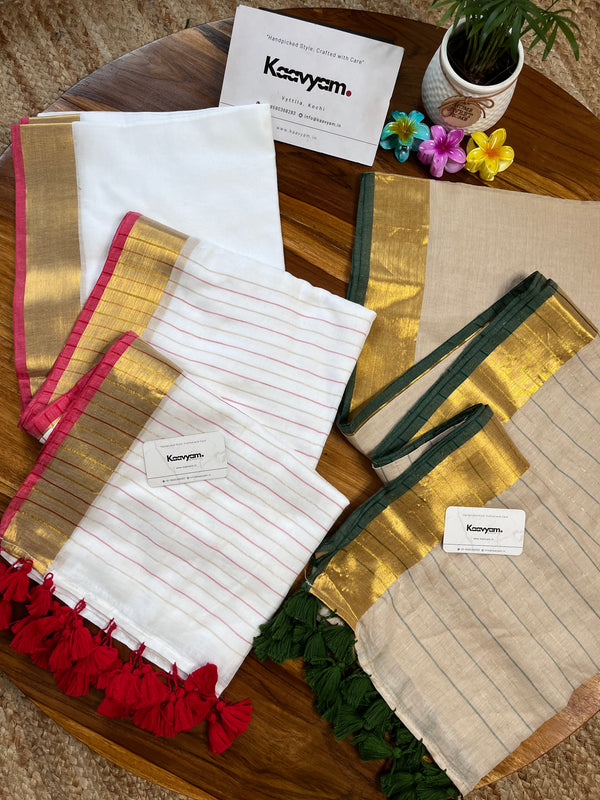 Kerala Kasav & Kara with Stripe Pallu Mul Cotton Saree