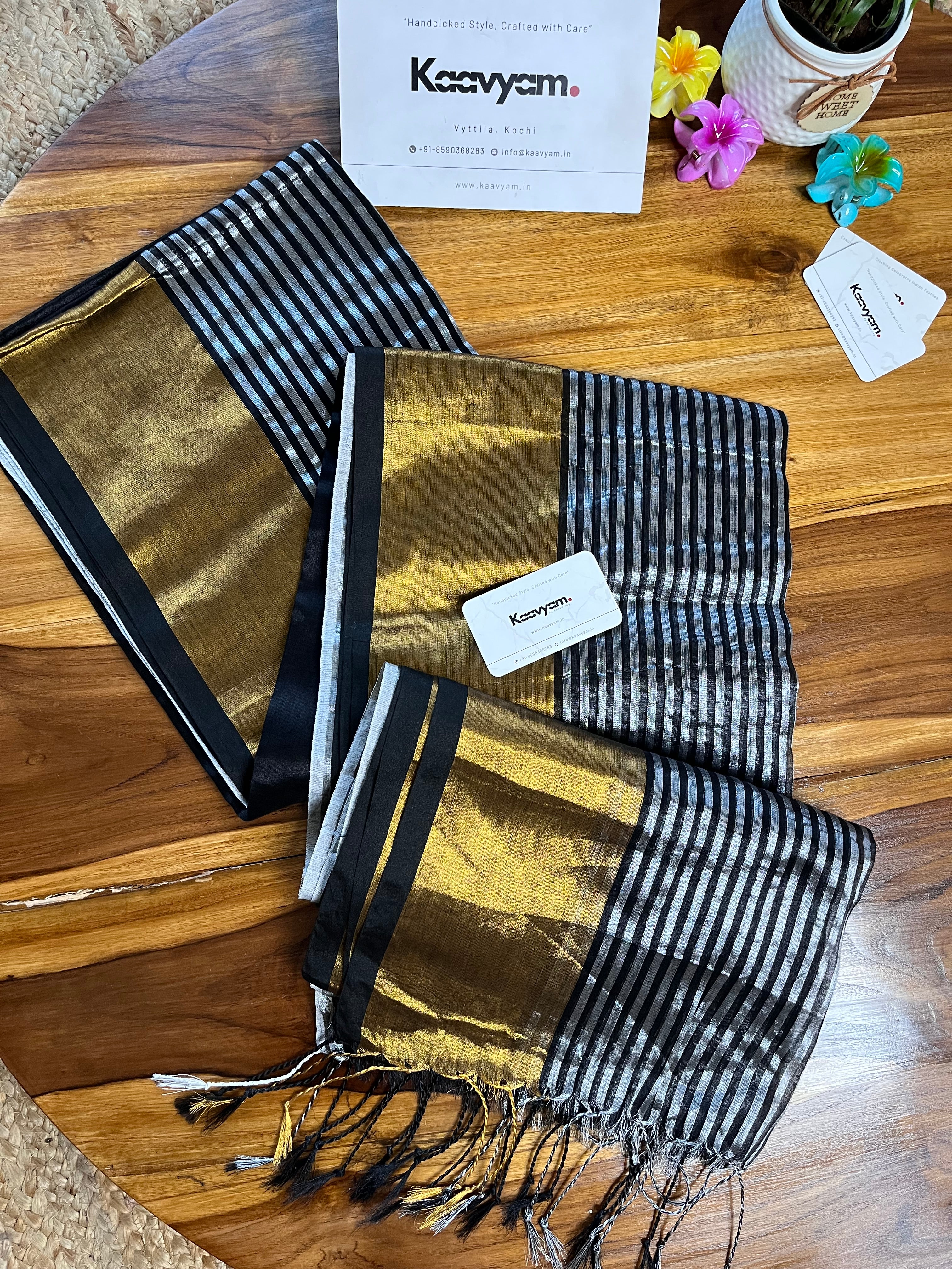 Black & White Stripes Raaga Tissue Silk Saree
