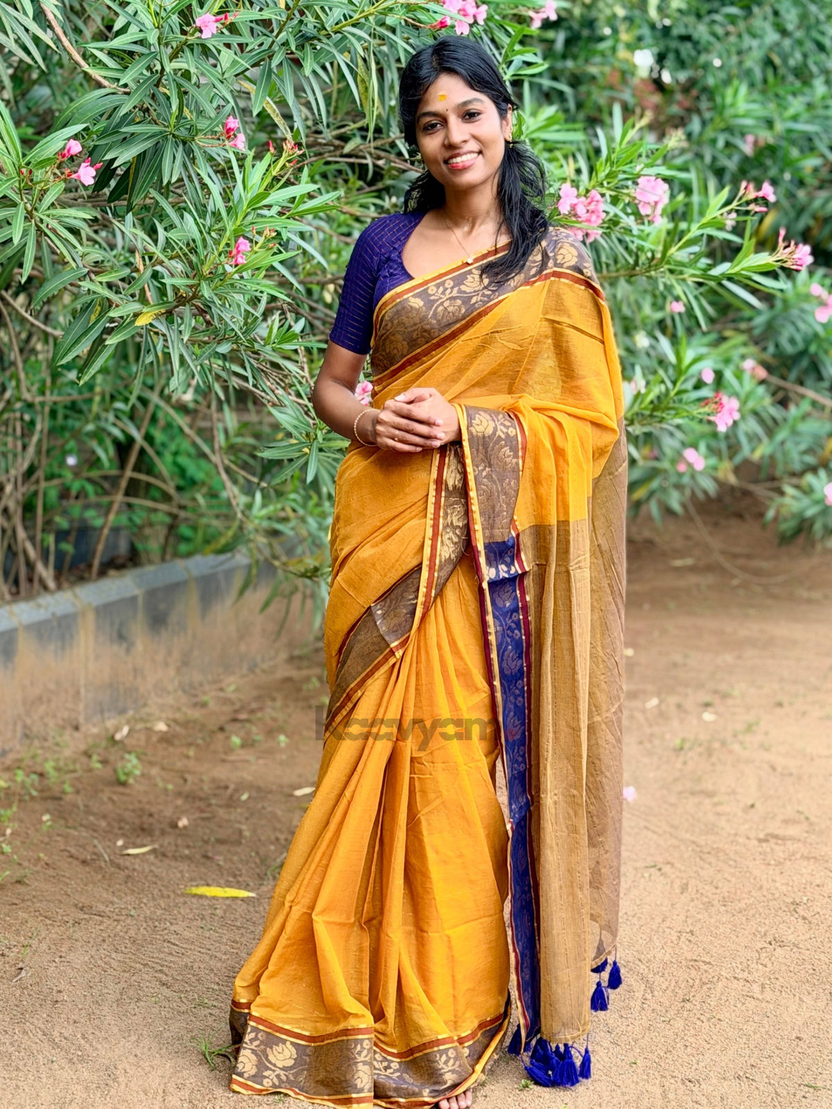 Stripes & Contrast Motif Border Mul Cotton Saree