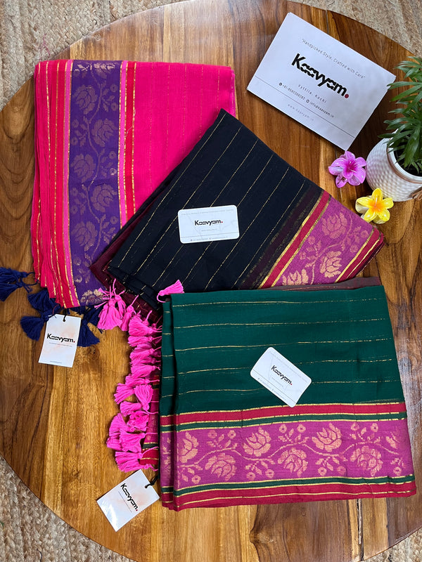 Stripes & Contrast Motif Border Mul Cotton Saree