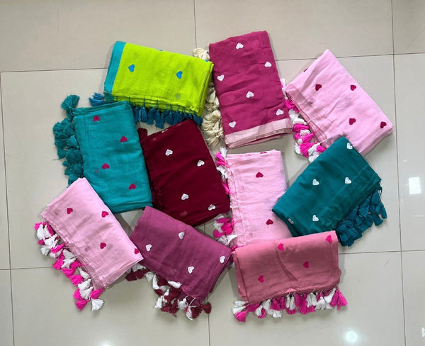 Heart Embroidery Mul cotton Saree