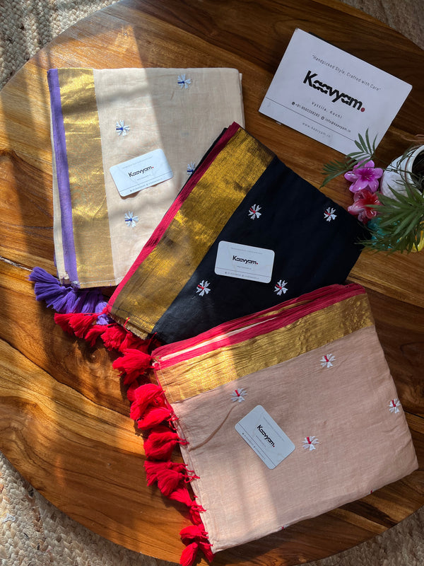 Kasav & Kara Mallippo Embroidery Mul cotton Saree