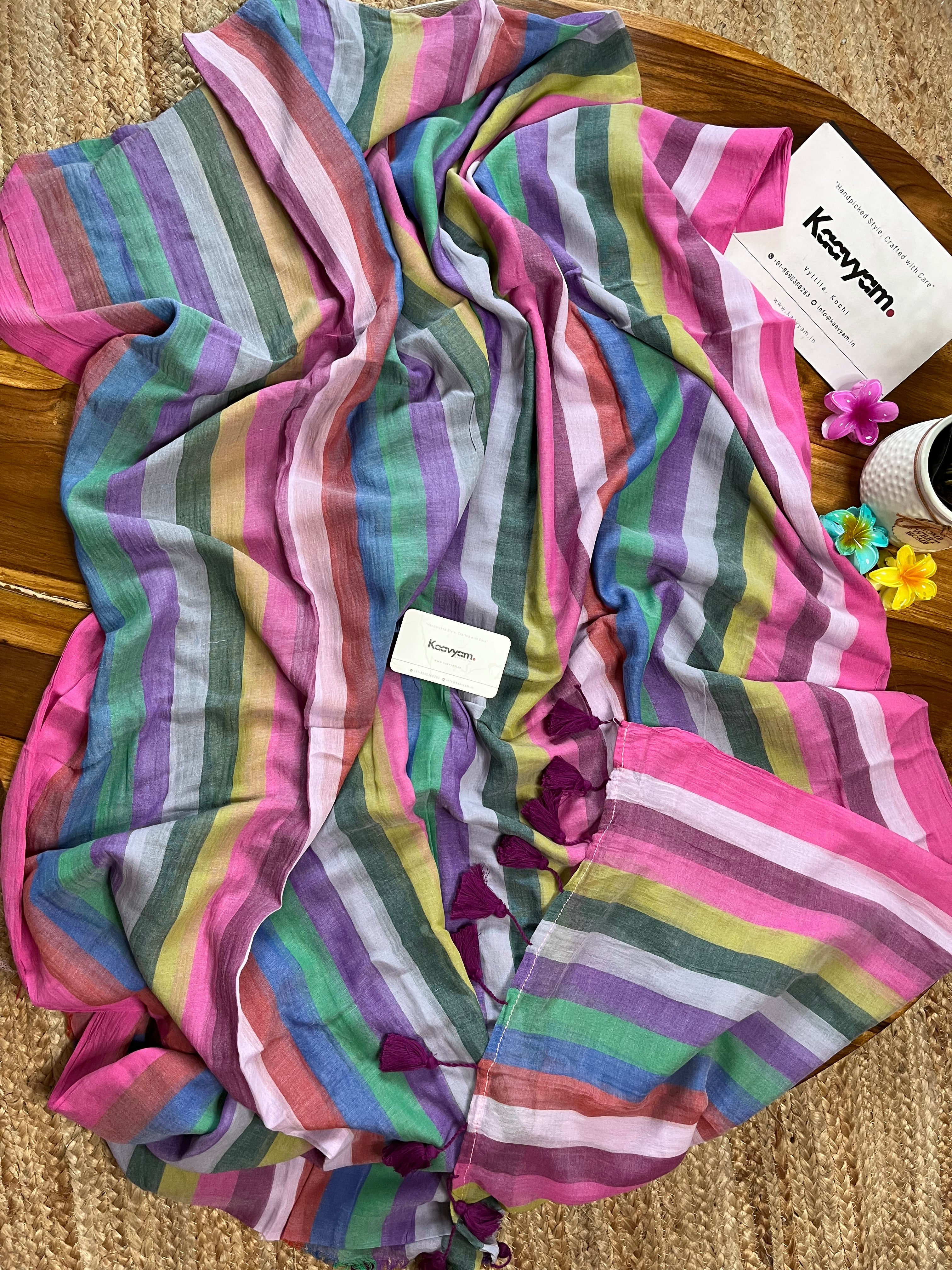 Multi Color Stripes Mul Cotton Saree