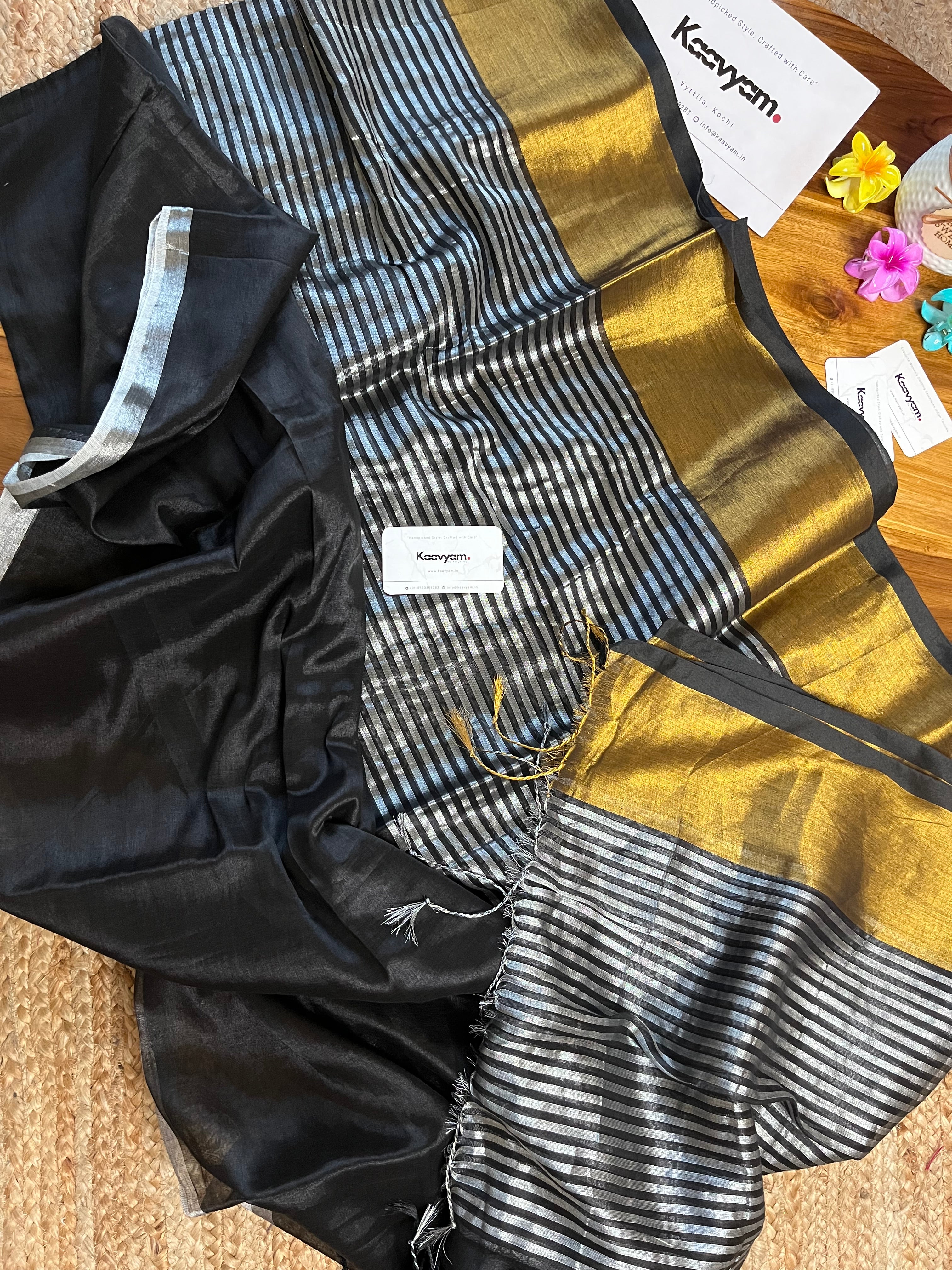 Black & White Stripes Raaga Tissue Silk Saree