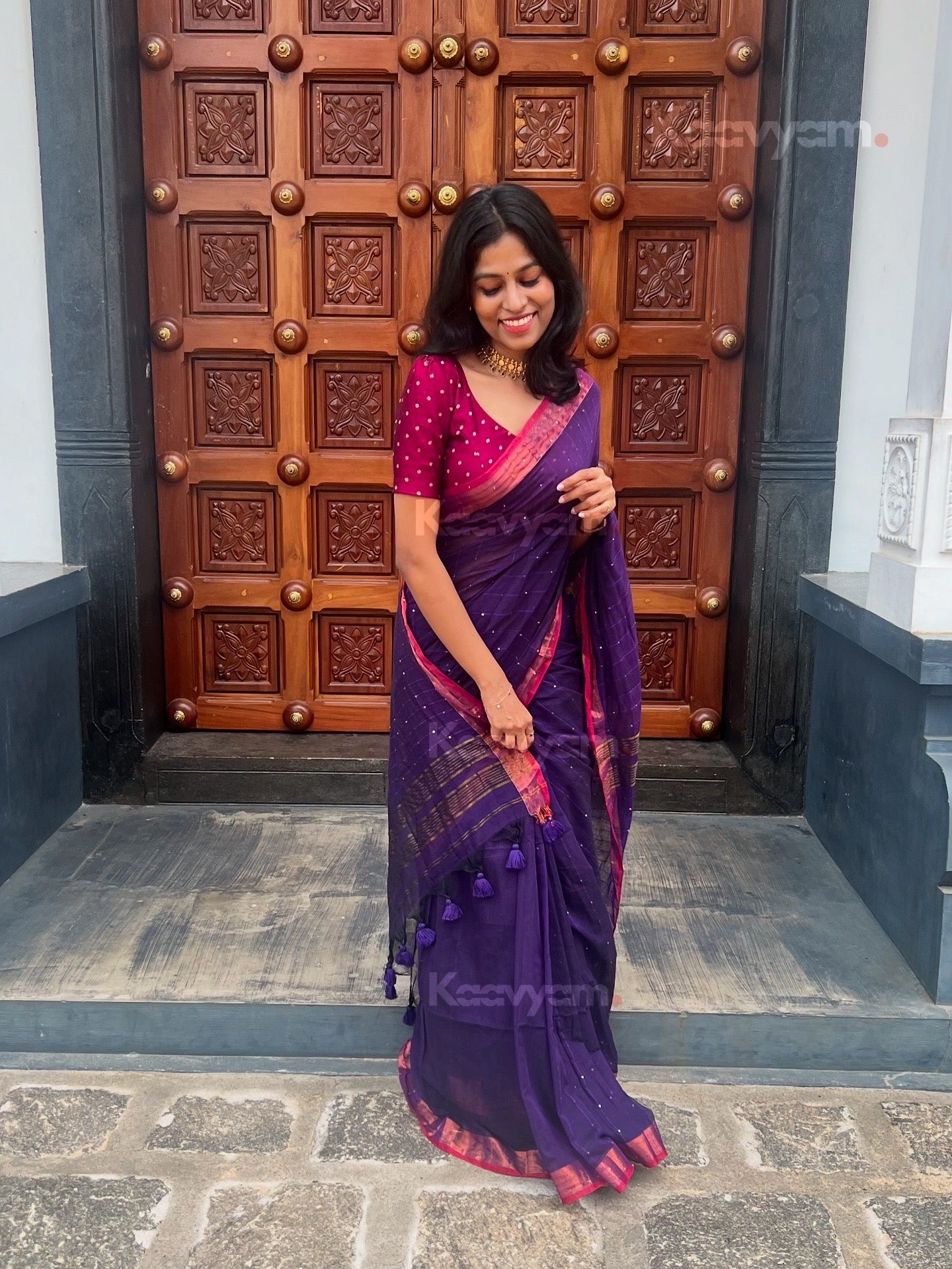 Sequins & Contrast Border Mul Cotton Saree