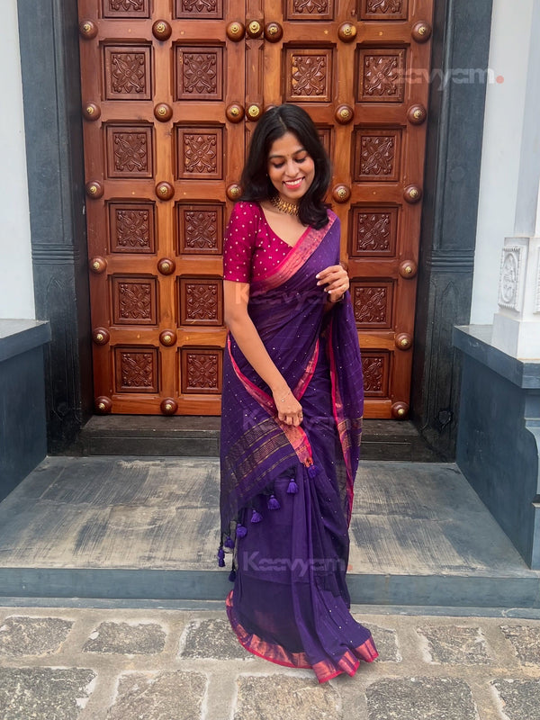 Sequins & Contrast Border Mul Cotton Saree