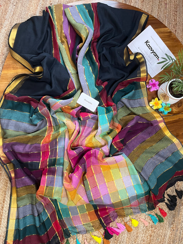 Rainbow Check Mul Cotton Saree